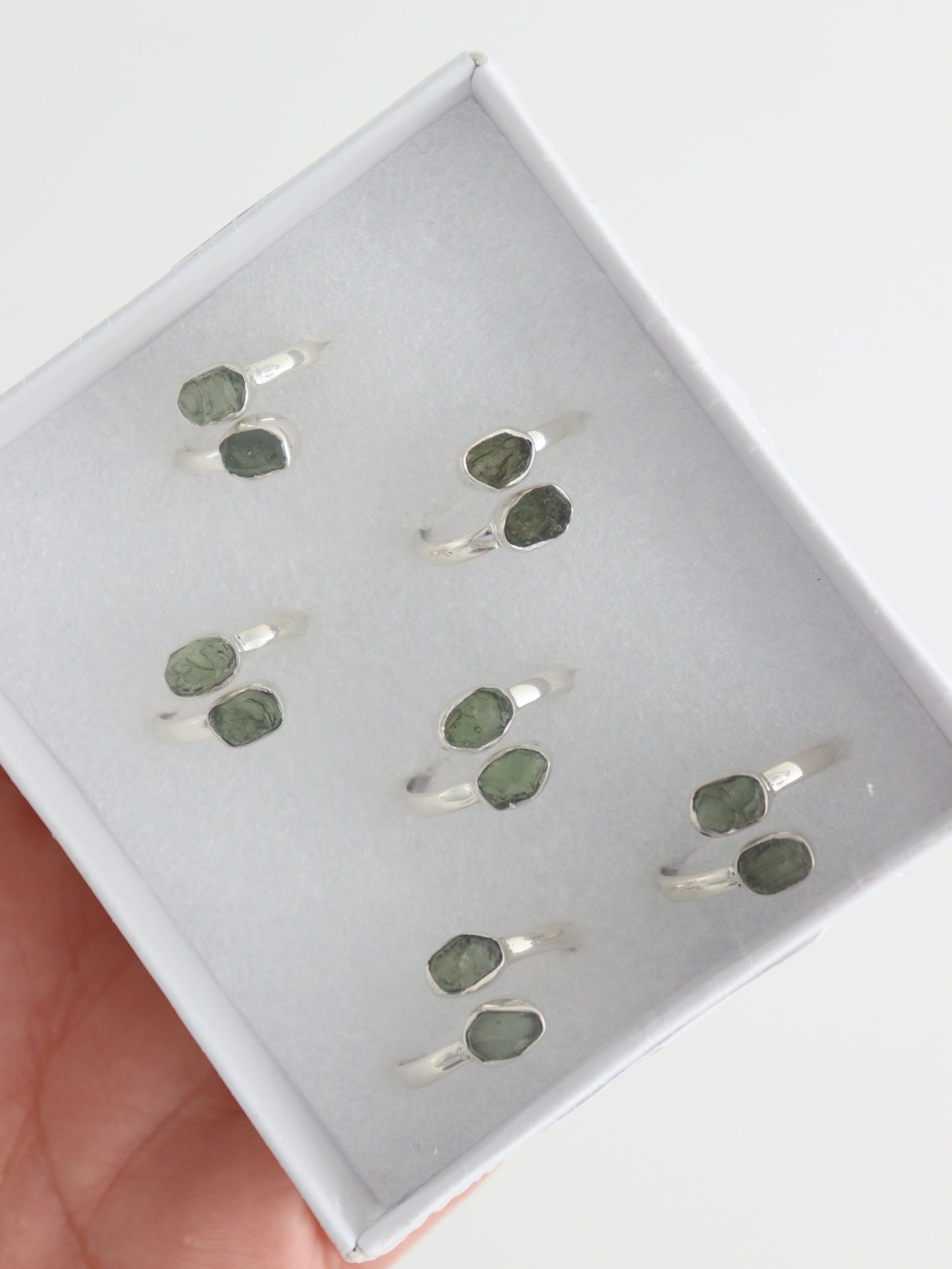 Sterling Silver Adjustable Moldavite Rings Set of 6 | Mi Esperanza Minerals | Supplier of Crystals and Onyx
