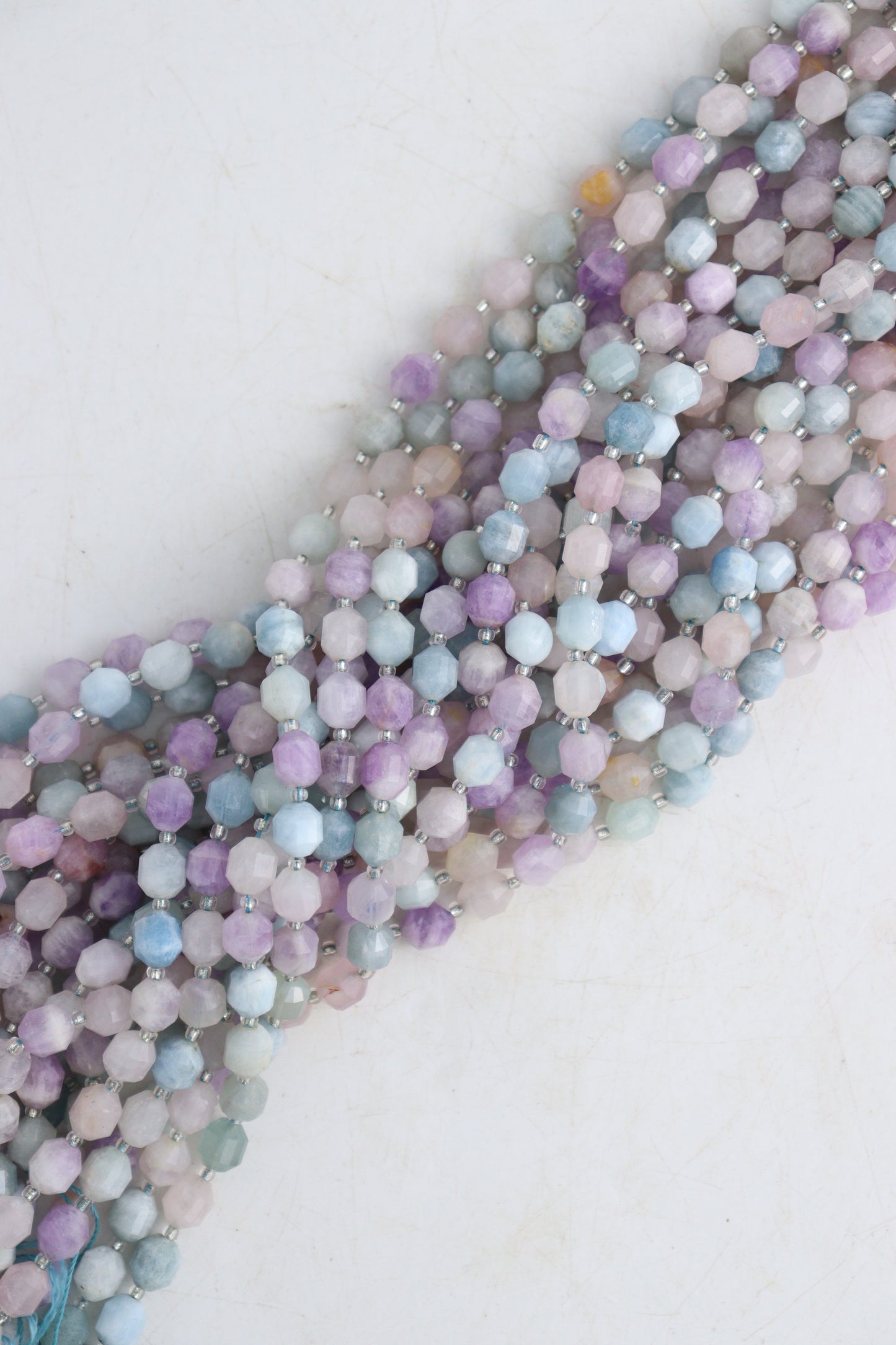 Amethyst+Aquamarine+Rose Quartz 10mm Faceted Beads with Clear Spacers | Mi Esperanza Minerals | Supplier of Crystals and Onyx