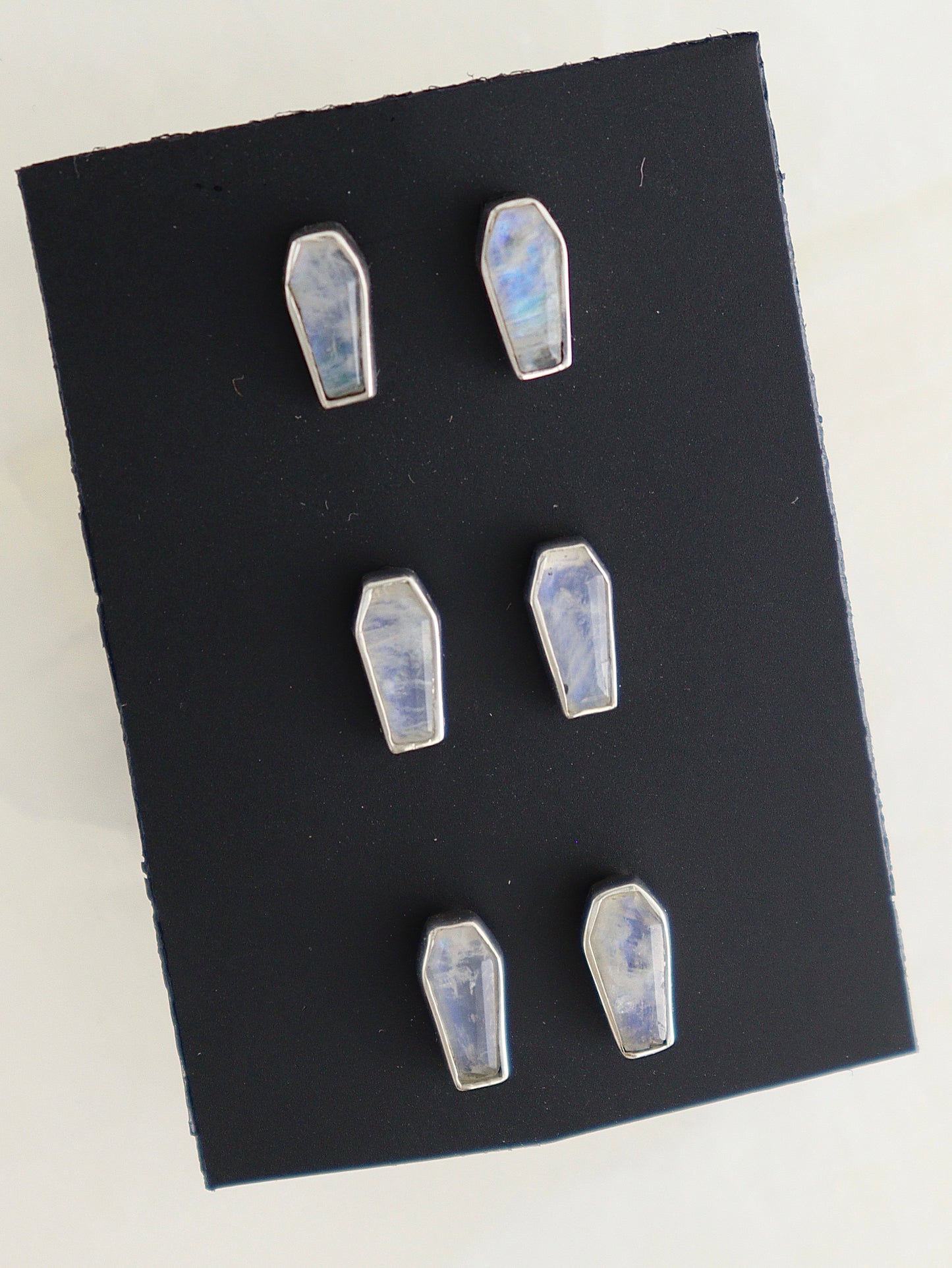 *Halloween* Rainbow Moonstone Coffin Earrings | Mi Esperanza Minerals | Supplier of Crystals and Onyx