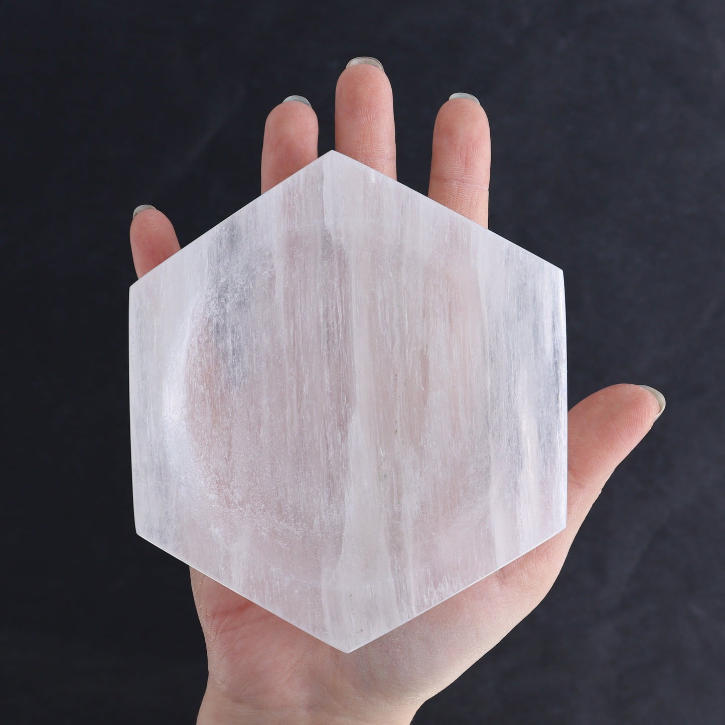 One Selenite (Satin Spar) Hexagon Shallow Bowl 10 cm | Mi Esperanza Minerals | Supplier of Crystals and Onyx