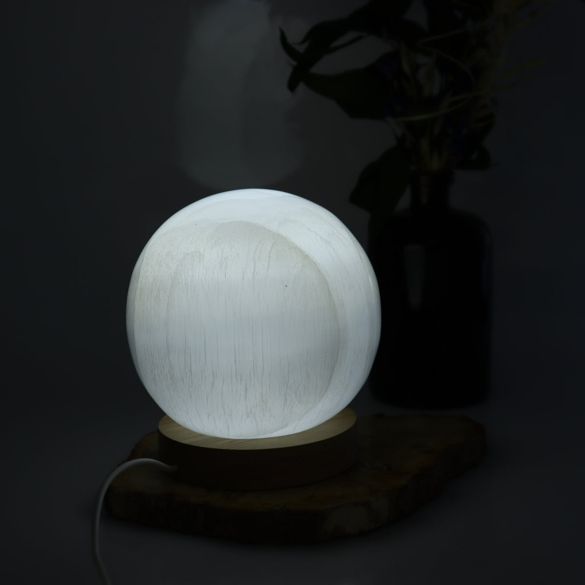 One Selenite (Satin Spar) Sphere Lamp with Light | Mi Esperanza Minerals | Supplier of Crystals and Onyx