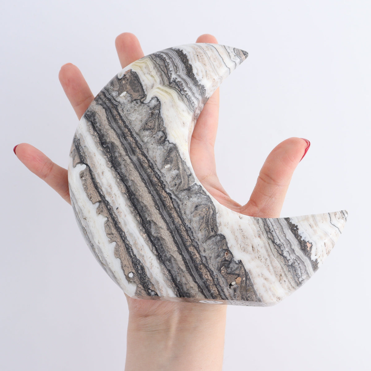 One Standing Moon Mexican Onyx/Calcite Zebra Black | Mi Esperanza Minerals | Supplier of Crystals and Onyx