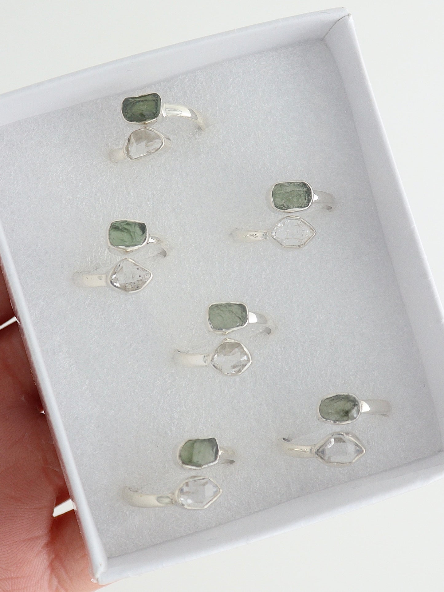 Sterling Silver Adjustable Moldavite and Herkimer Rings Set of 6 | Mi Esperanza Minerals | Supplier of Crystals and Onyx