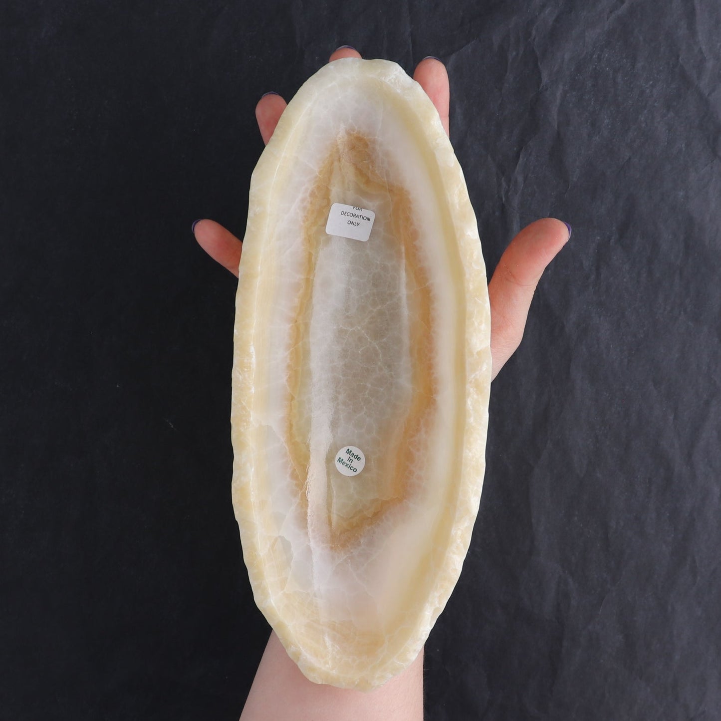 One Mexican Onyx/Calcite Honey Small Canoe Bowl | Mi Esperanza Minerals | Supplier of Crystals and Onyx