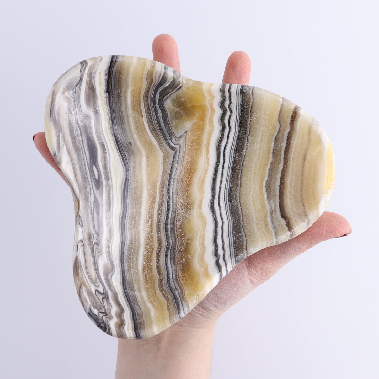 One Mexican Onyx/Calcite Yellow Zebra Triangular Bowl | Mi Esperanza Minerals | Supplier of Crystals and Onyx