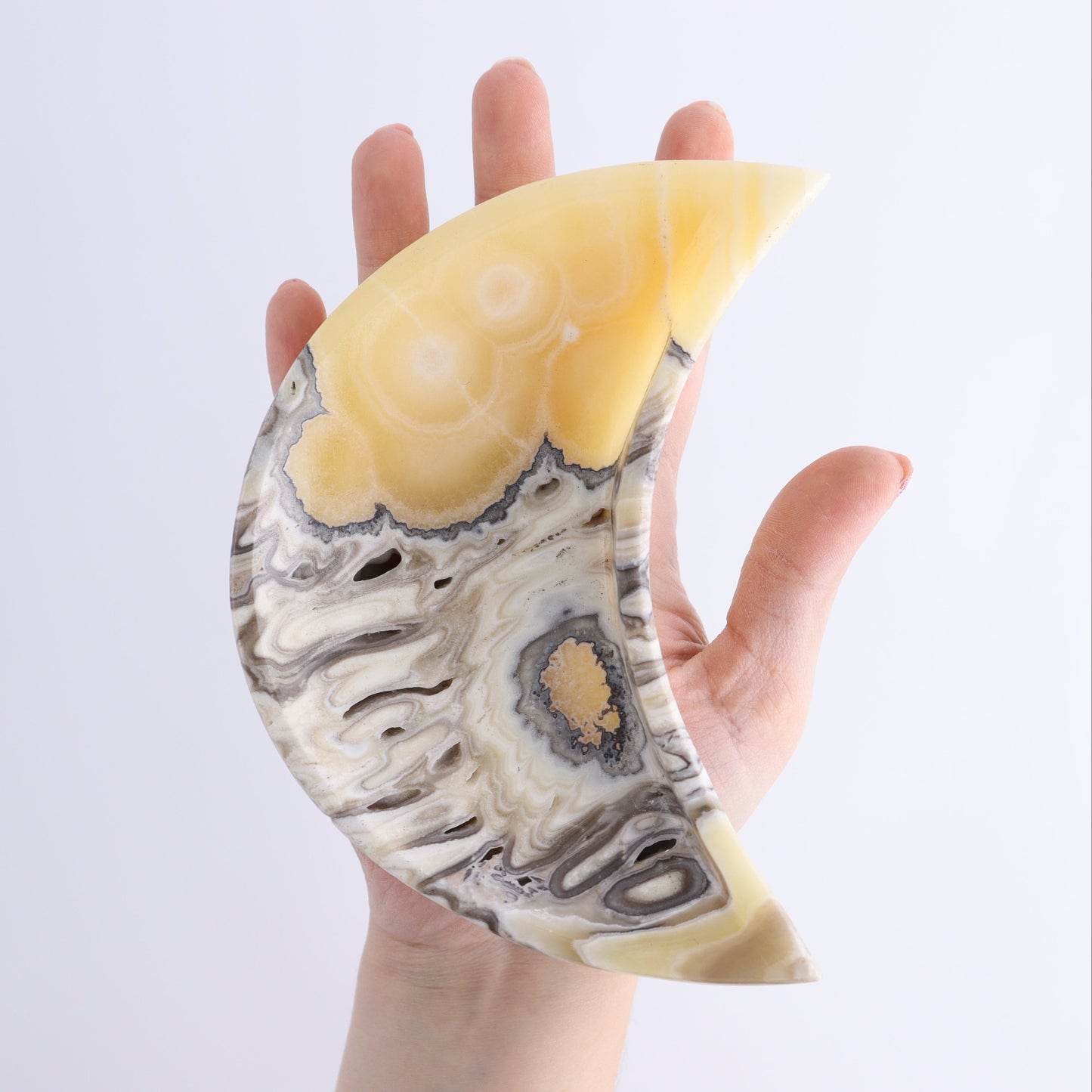 One Yellow Zebra Onyx Moon Dish | Mi Esperanza Minerals | Supplier of Crystals and Onyx