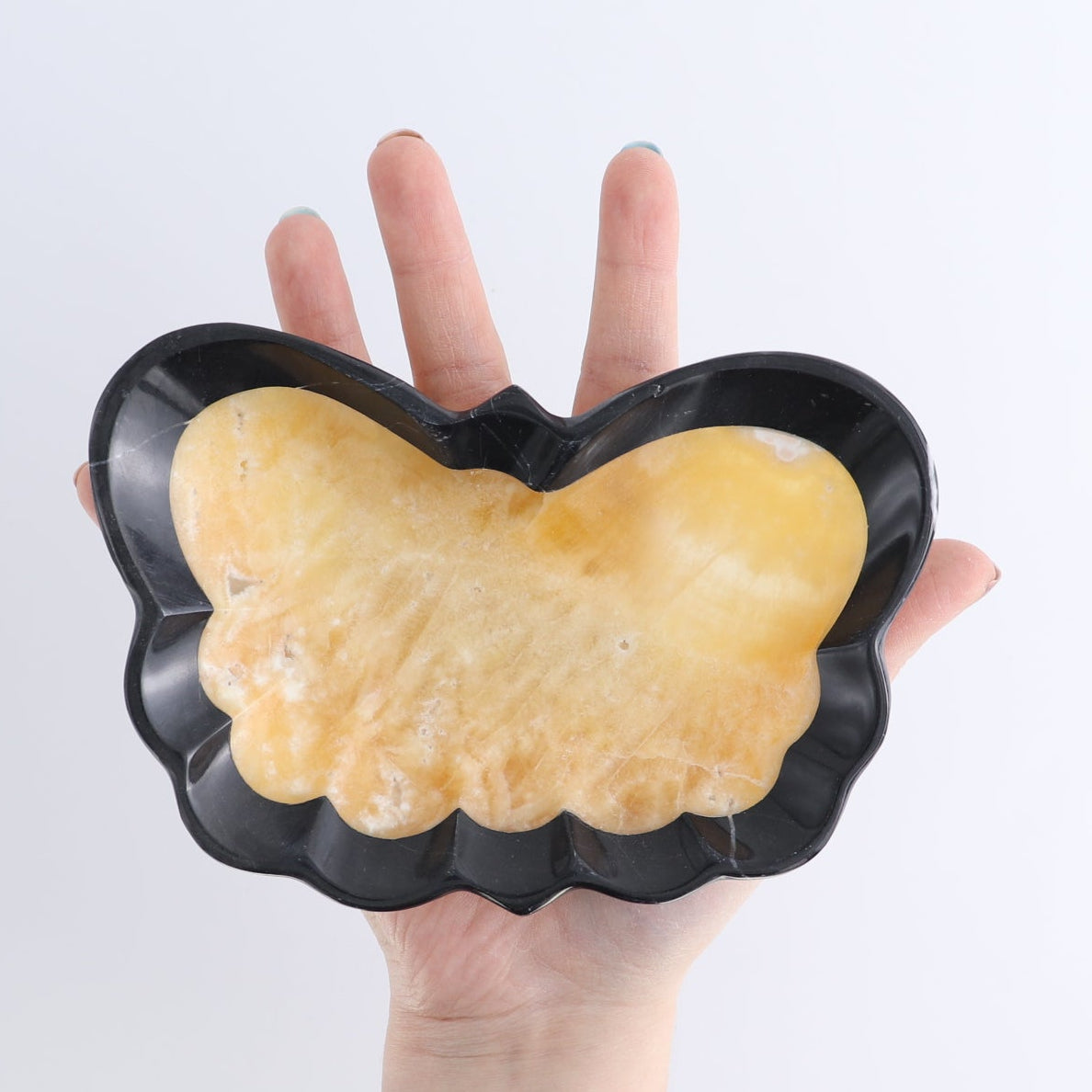 One Butterfly Bowl Mexican Onyx/Calcite Orange with Black Marble Polished Edge