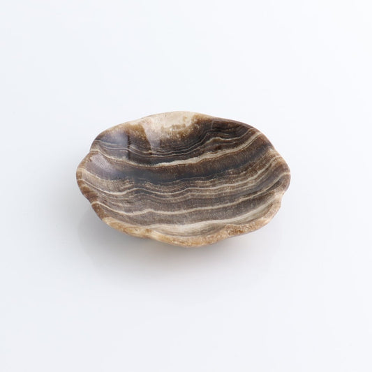 One Mexican Onyx/Calcite Chocolate Scalloped Dish 10 cm | Mi Esperanza Minerals | Supplier of Crystals and Onyx