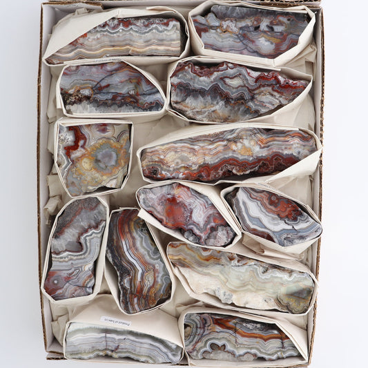 Crazy Lace Agate Flat of 13 | Mi Esperanza Minerals | Supplier of Crystals and Onyx