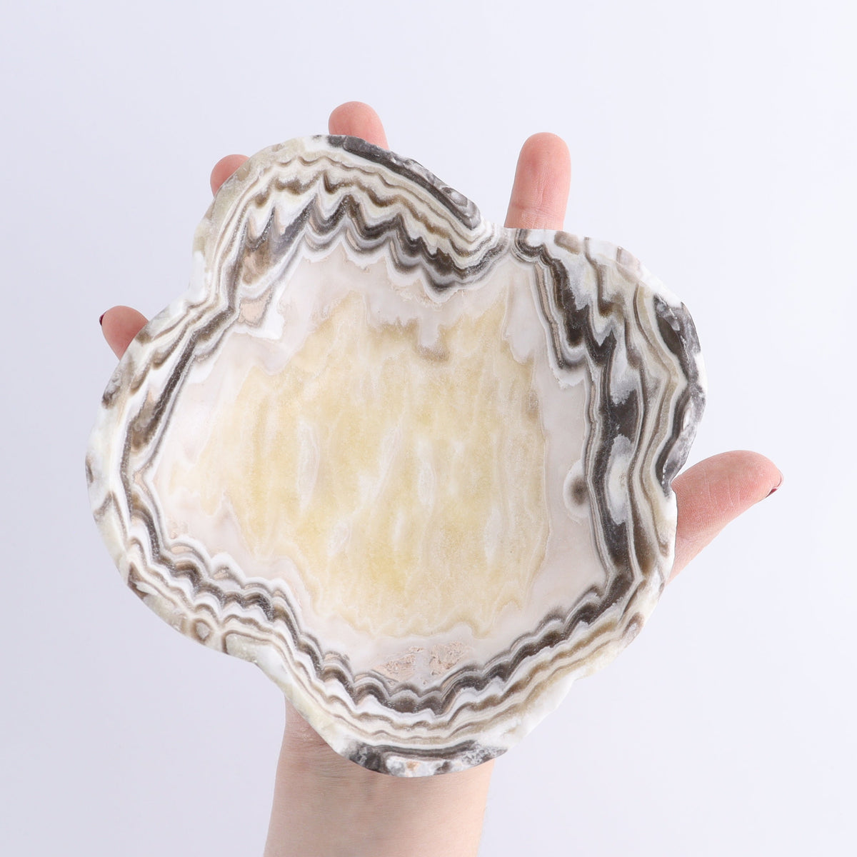 One Mexican Onyx/Calcite Yellow & White Zebra Irregular Bowl | Mi Esperanza Minerals | Supplier of Crystals and Onyx