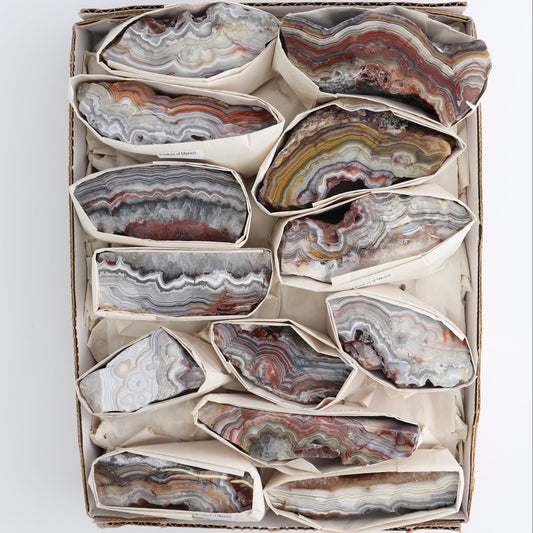 Crazy Lace Agate Flat of 13 | Mi Esperanza Minerals | Supplier of Crystals and Onyx