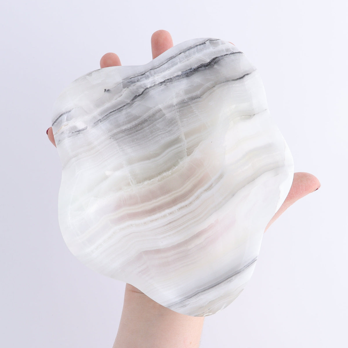 One Mexican Onyx/Calcite White & Grey Irregular Bowl | Mi Esperanza Minerals | Supplier of Crystals and Onyx