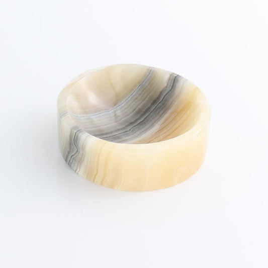One Mexican Onyx/Calcite White & Honey Thick Round Bowl