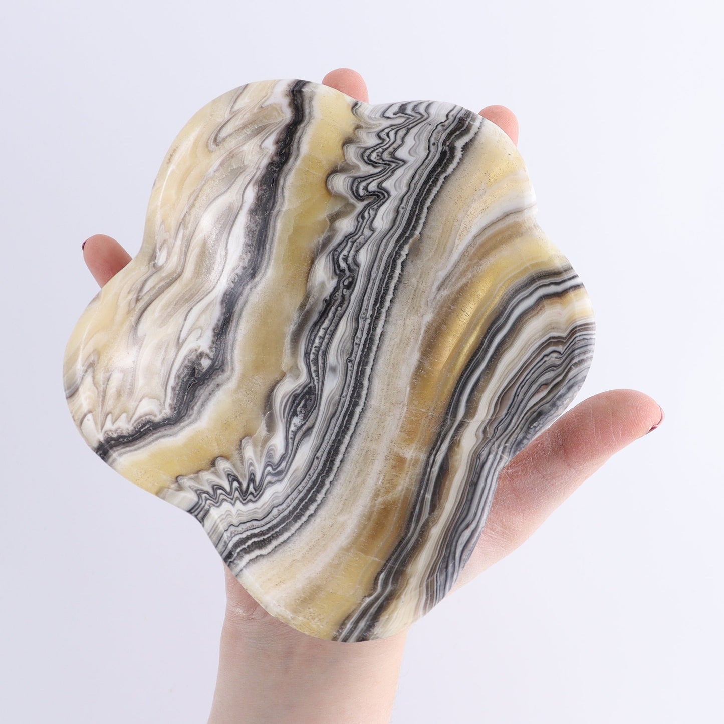 One Mexican Onyx/Calcite Yellow & Black Zebra Irregular Bowl | Mi Esperanza Minerals | Supplier of Crystals and Onyx