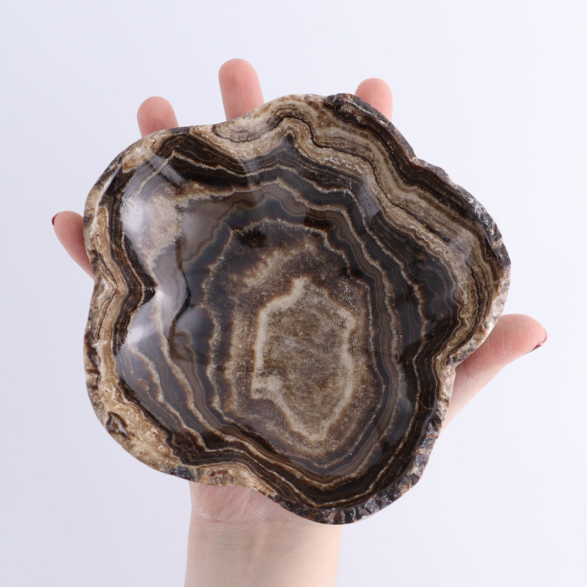 One Mexican Onyx/Calcite Chocolate Rough Irregular Bowl | Mi Esperanza Minerals | Supplier of Crystals and Onyx
