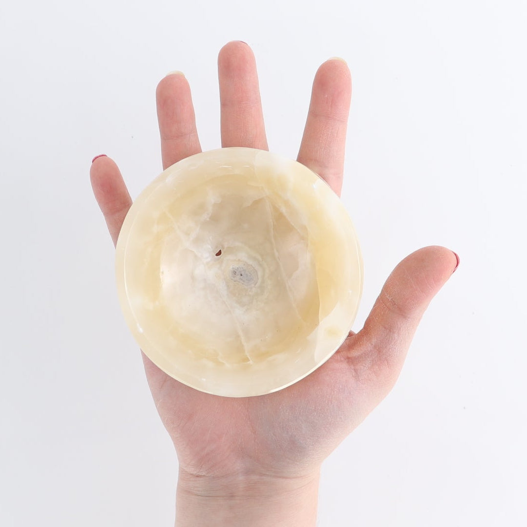 One Mexican Onyx/Calcite White & Honey Thick Round Bowl | Mi Esperanza Minerals | Supplier of Crystals and Onyx