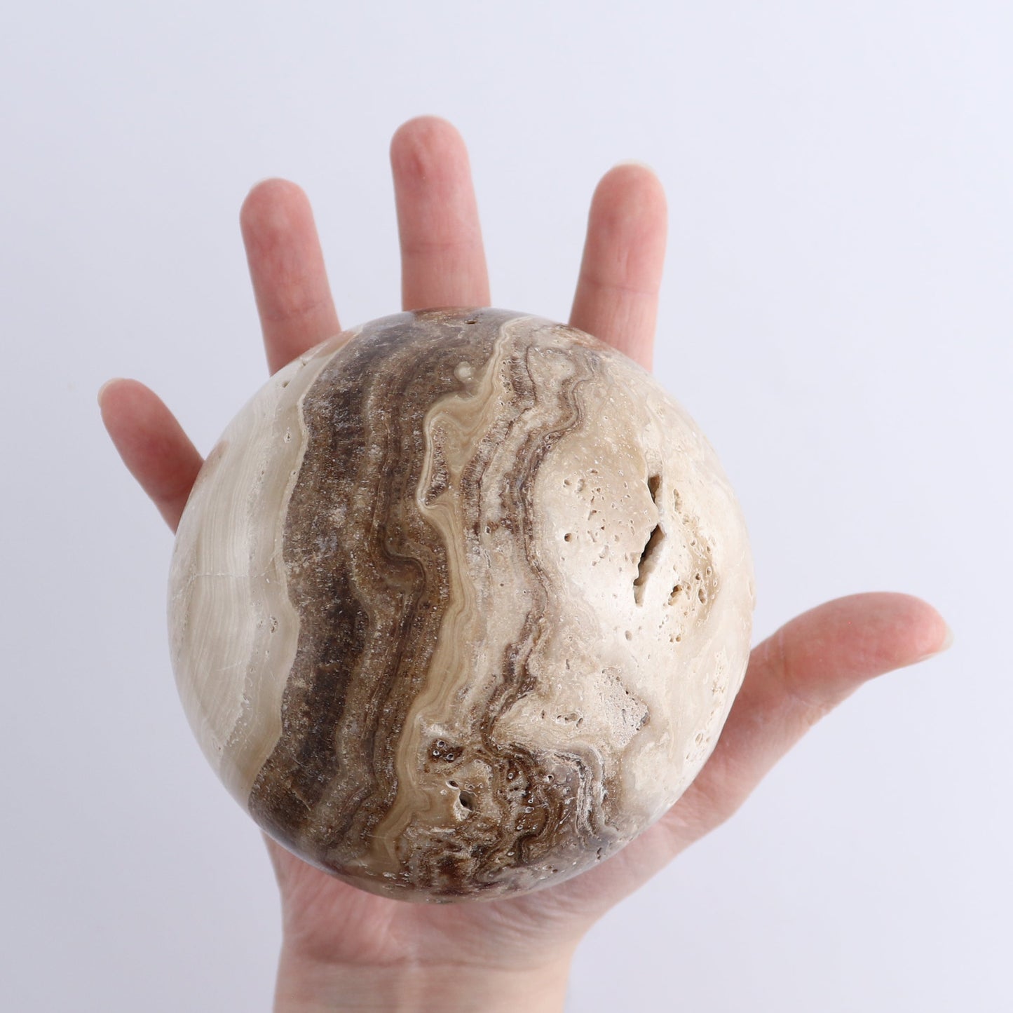 One Mexican Onyx/Calcite Chocolate Sphere 10 cm | Mi Esperanza Minerals | Supplier of Crystals and Onyx