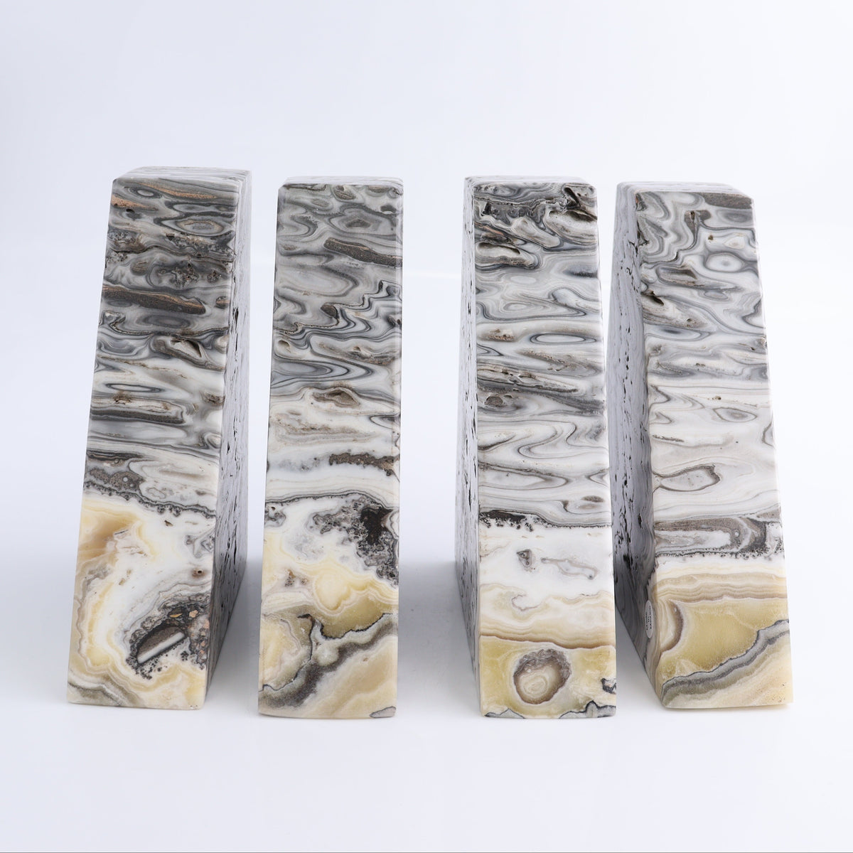 One Pair of Mexican Onyx/Calcite Black & Yellow Zebra Polished Bookend | Mi Esperanza Minerals | Supplier of Crystals and Onyx