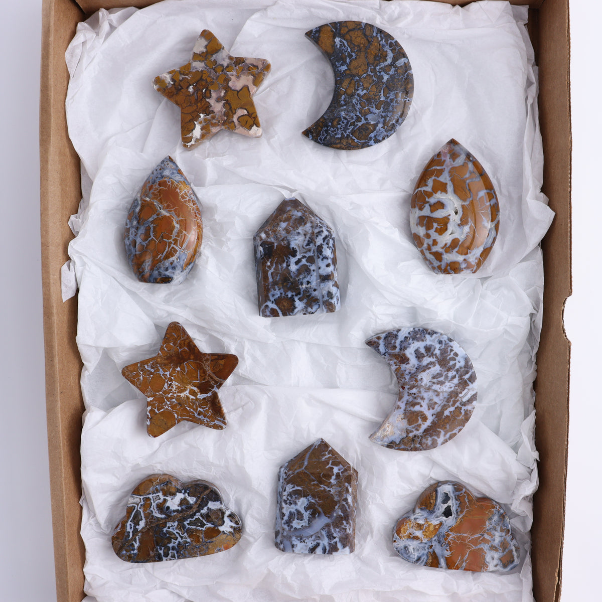 Brecciated Jasper Moons, Stars, Towers, Clouds, and Flames Set of 10 | Mi Esperanza Minerals | Supplier of Crystals and Onyx