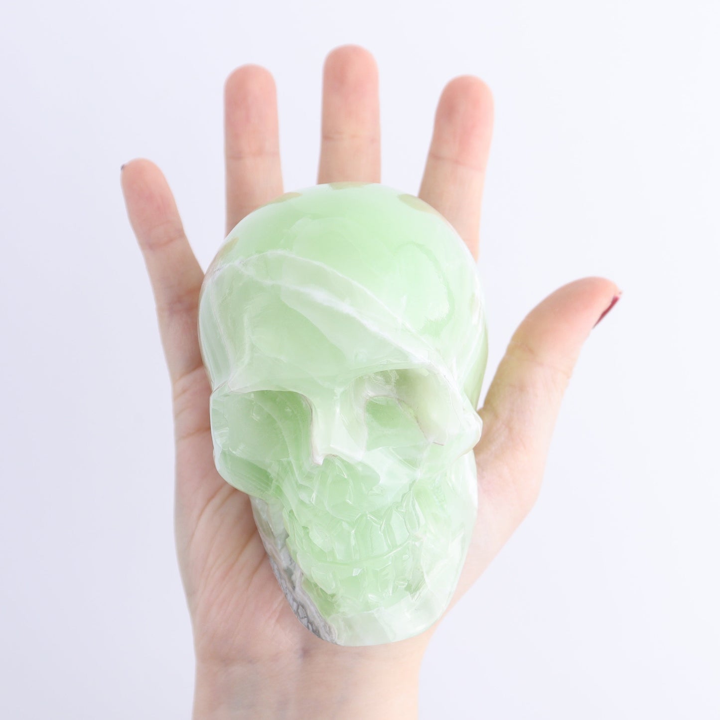 One Medium Mexican Green Onyx/Calcite Skull | Mi Esperanza Minerals | Supplier of Crystals and Onyx