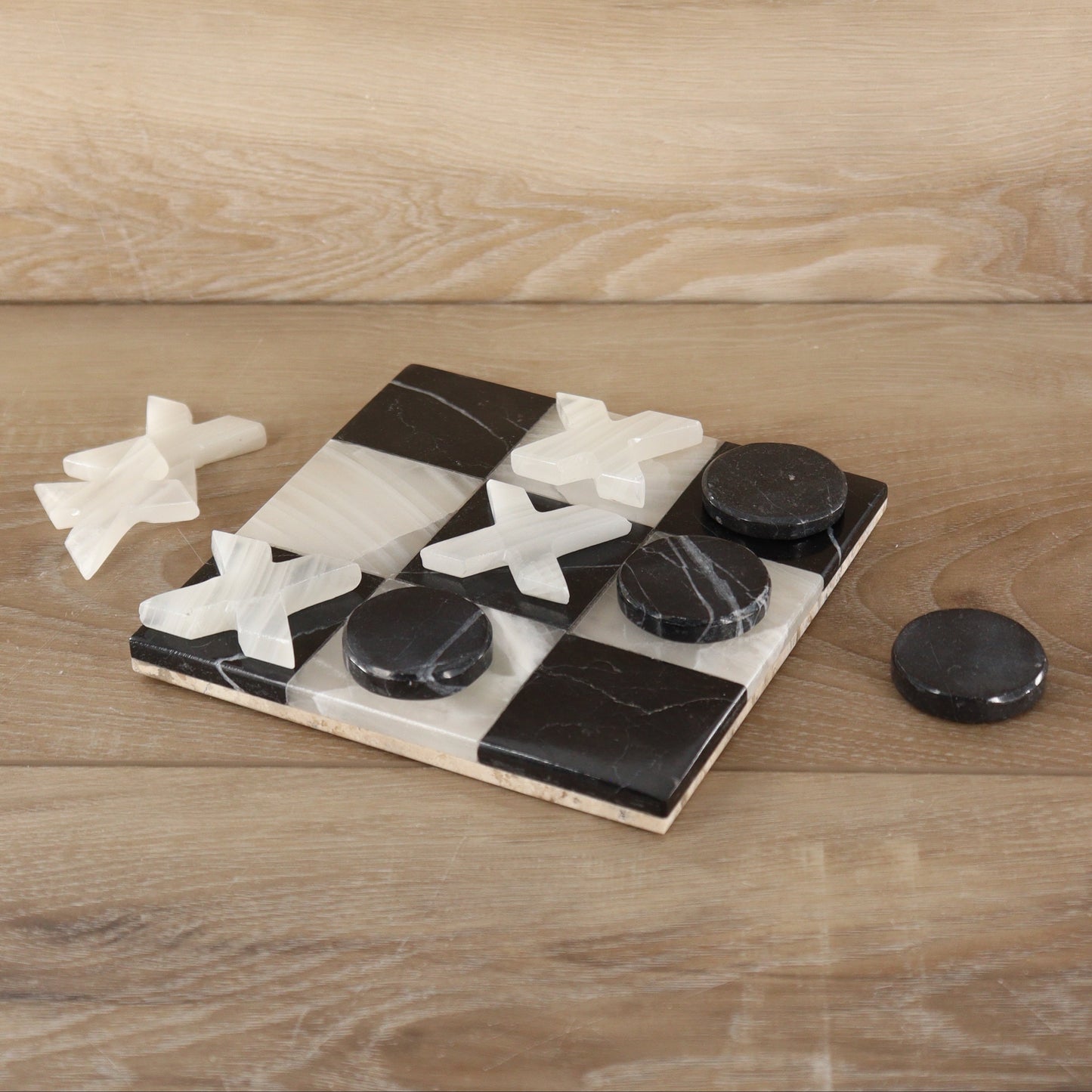 One Onyx/Calcite & Marble Tic Tac Toe Board Set (with Travertine bottom) | Mi Esperanza Minerals | Supplier of Crystals and Onyx