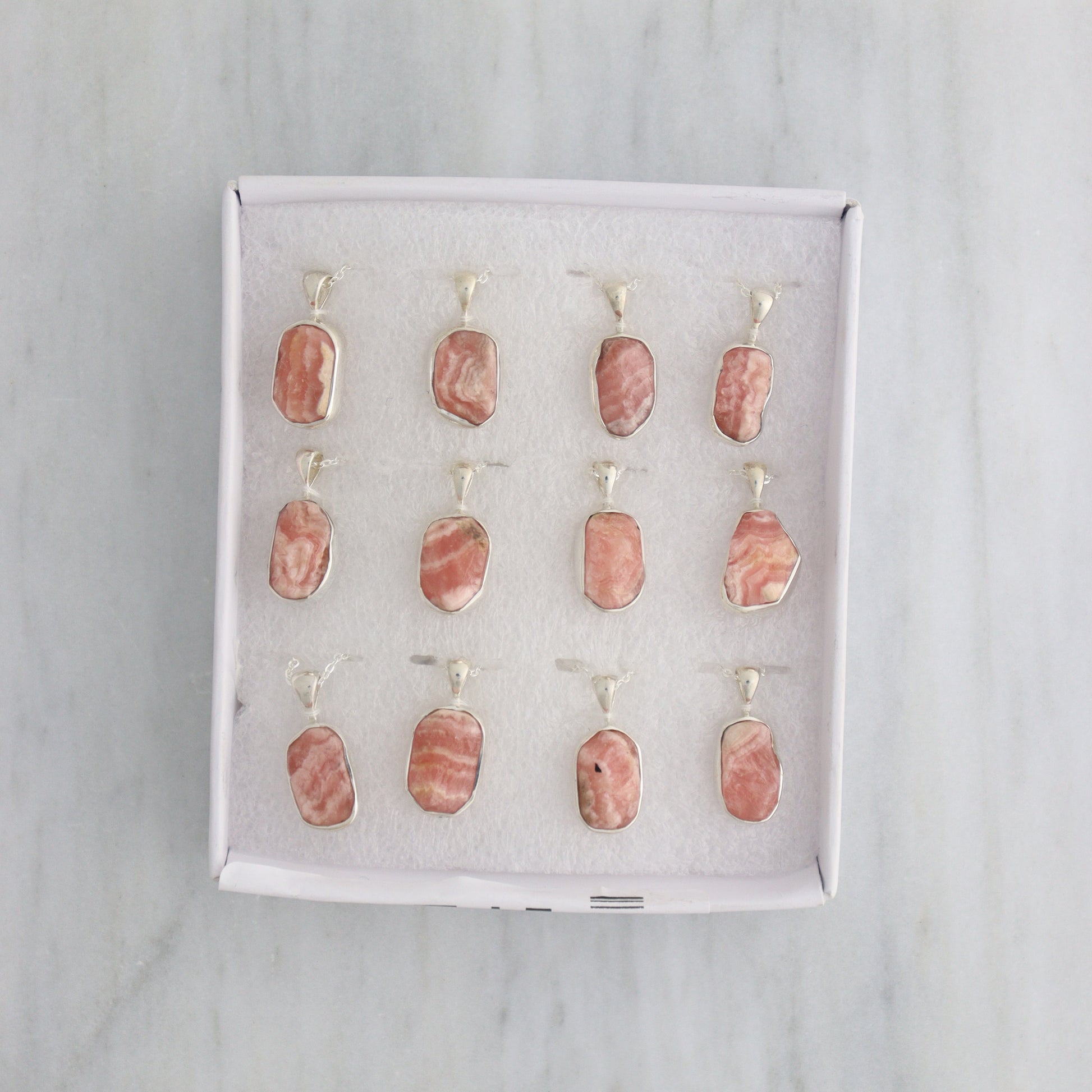 Rhodochrosite Pendants Set of 12 with Chains. - Mi Esperanza Minerals