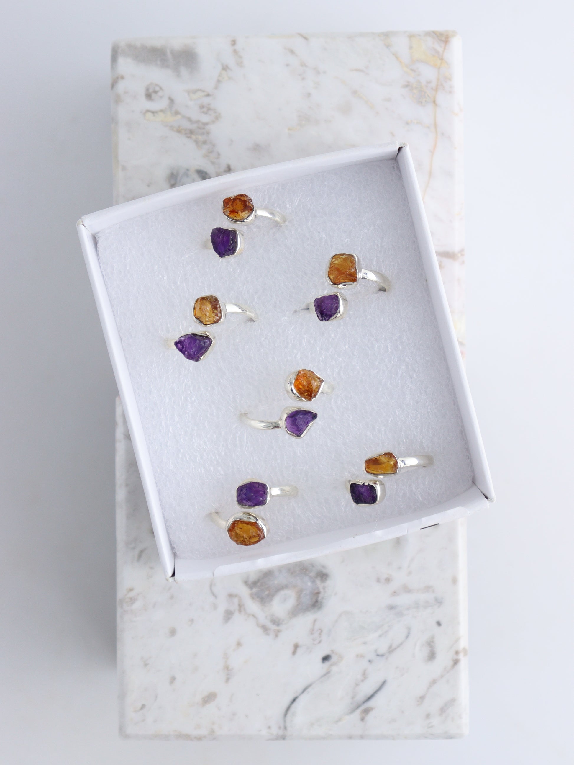 Amethyst Citrine Adjustable Rings Box of 6 - Mi Esperanza Minerals