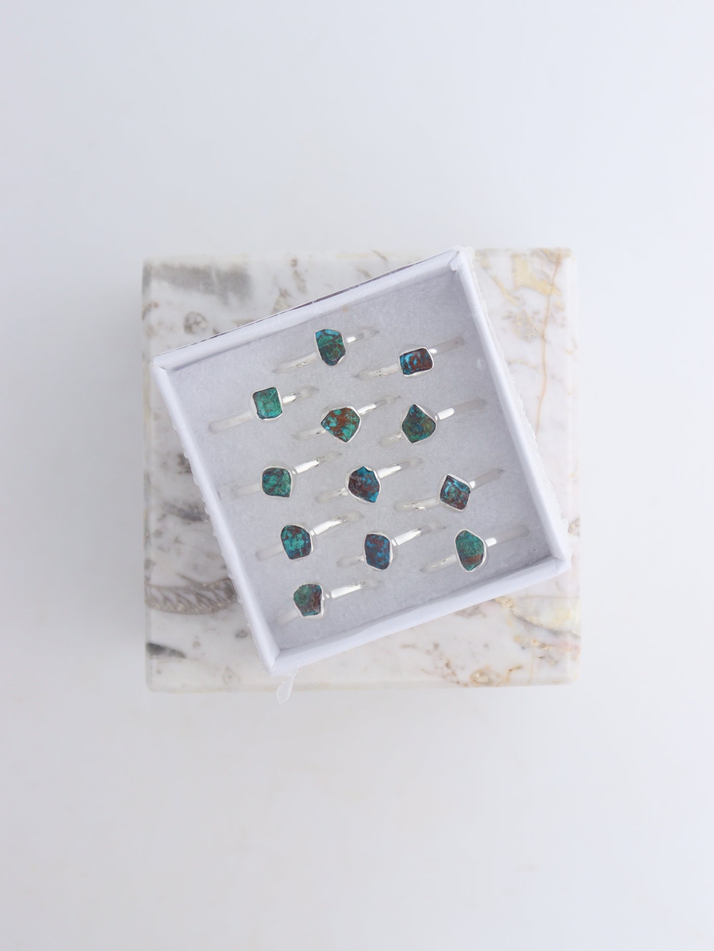 Chrysocolla Adjustable Rings Box of 12 - Mi Esperanza Minerals