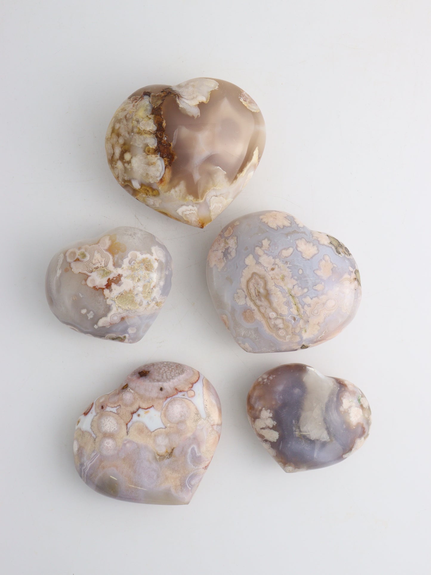 Flower agate Hearts 5 Pieces - Expert Wholesale and Supplier of Wholesale Crystals & Bulk Gemstones, ["Agate","Flower Agate","Hearts"]