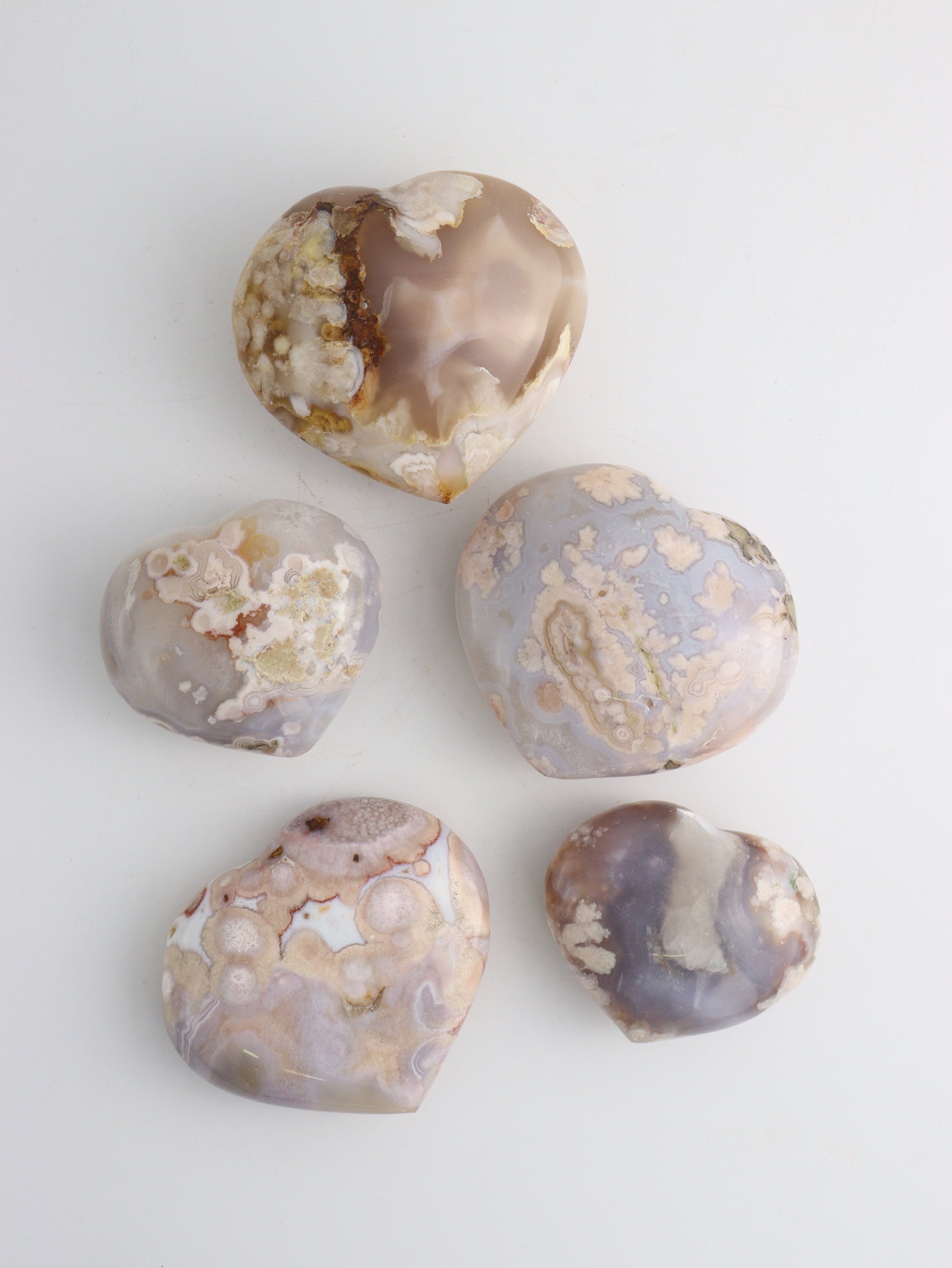 Flower agate Hearts 5 Pieces - Expert Wholesale and Supplier of Wholesale Crystals & Bulk Gemstones, ["Agate","Flower Agate","Hearts"]