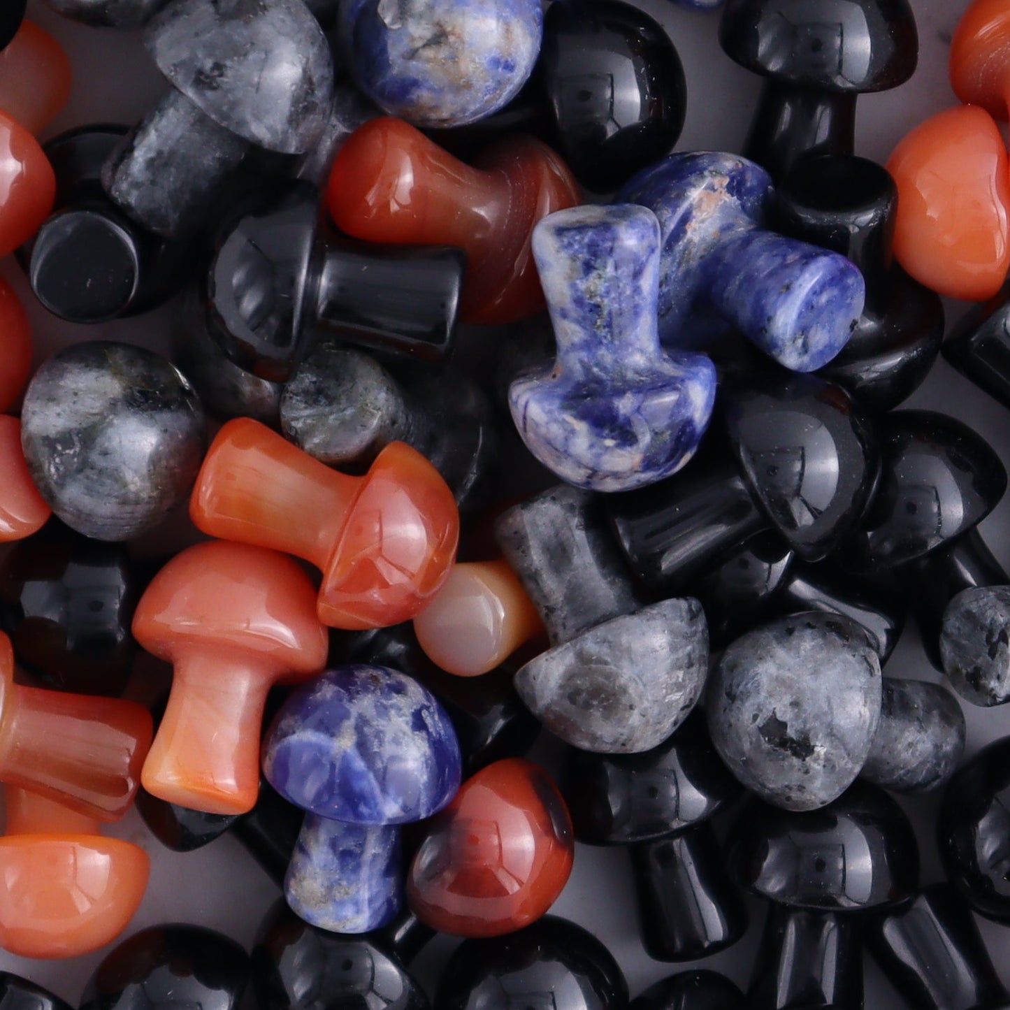 80 pcs Mini Mushrooms Obsidian, Carnelian, Sodalite & Larvikite - Expert Wholesale and Supplier of Wholesale Crystals & Bulk Gemstones, ["Black Obsidian","carnelian","larvikite","Mushrooms","Obsidian","Sodalite"]