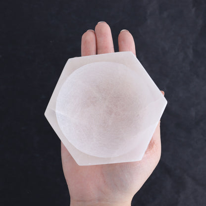 One Selenite (Satin Spar) Hexagon Bowl 10 cm - Expert Wholesale and Supplier of Wholesale Crystals & Bulk Gemstones, ["Bowls","Hexagon","Morocco","Selenite"]
