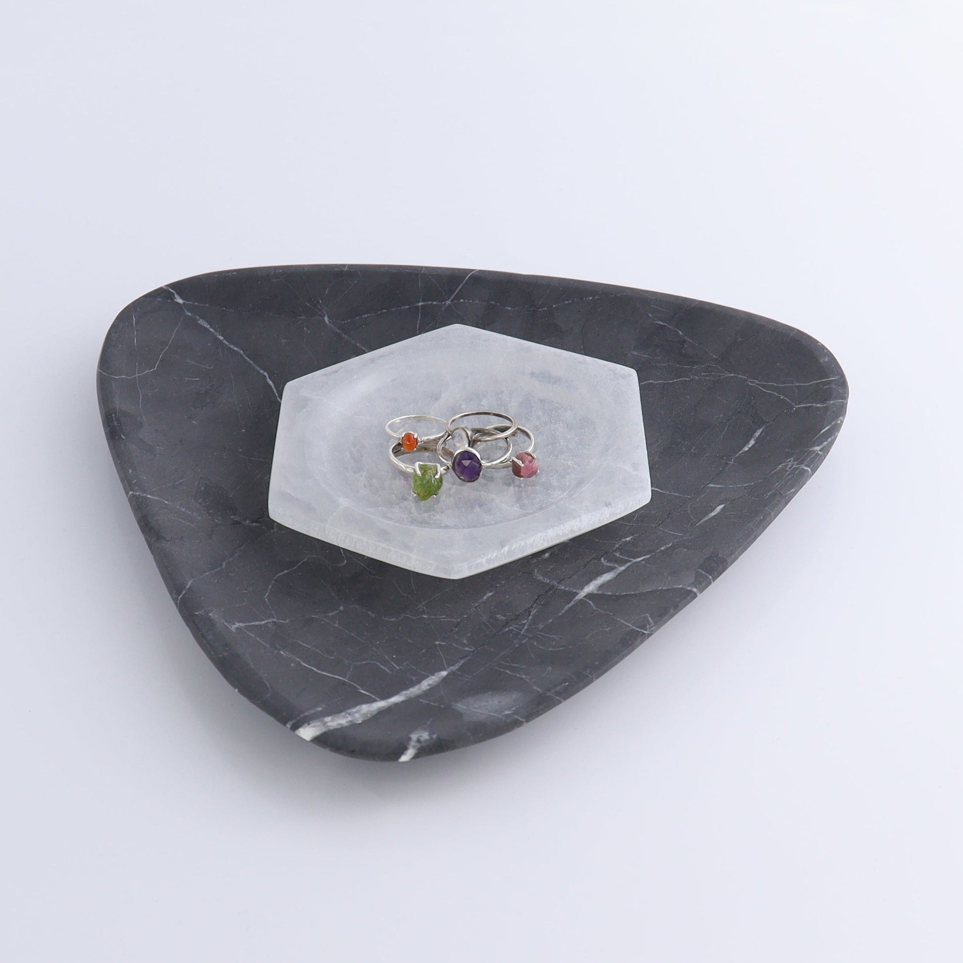 One Selenite (Satin Spar) Hexagon Shallow Bowl 10 cm - Expert Wholesale and Supplier of Wholesale Crystals & Bulk Gemstones, ["Bowls","Hexagon","Morocco","Selenite"]