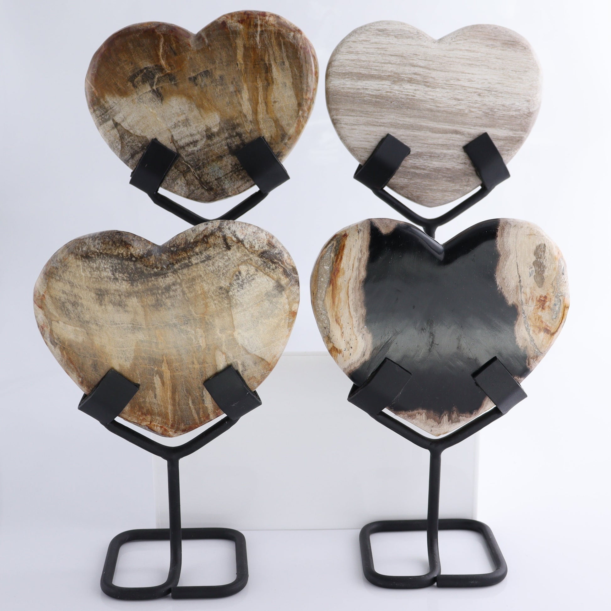 Petrified Wood Hearts with Stands Set of 4 - Expert Wholesale and Supplier of Wholesale Crystals & Bulk Gemstones, ["Hearts","Indonesia","Petrified Wood"]