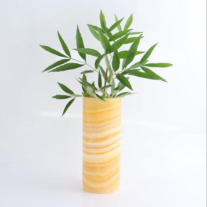 One Medium Flower Vase Mexican Onyx/Calcite Yellow & White