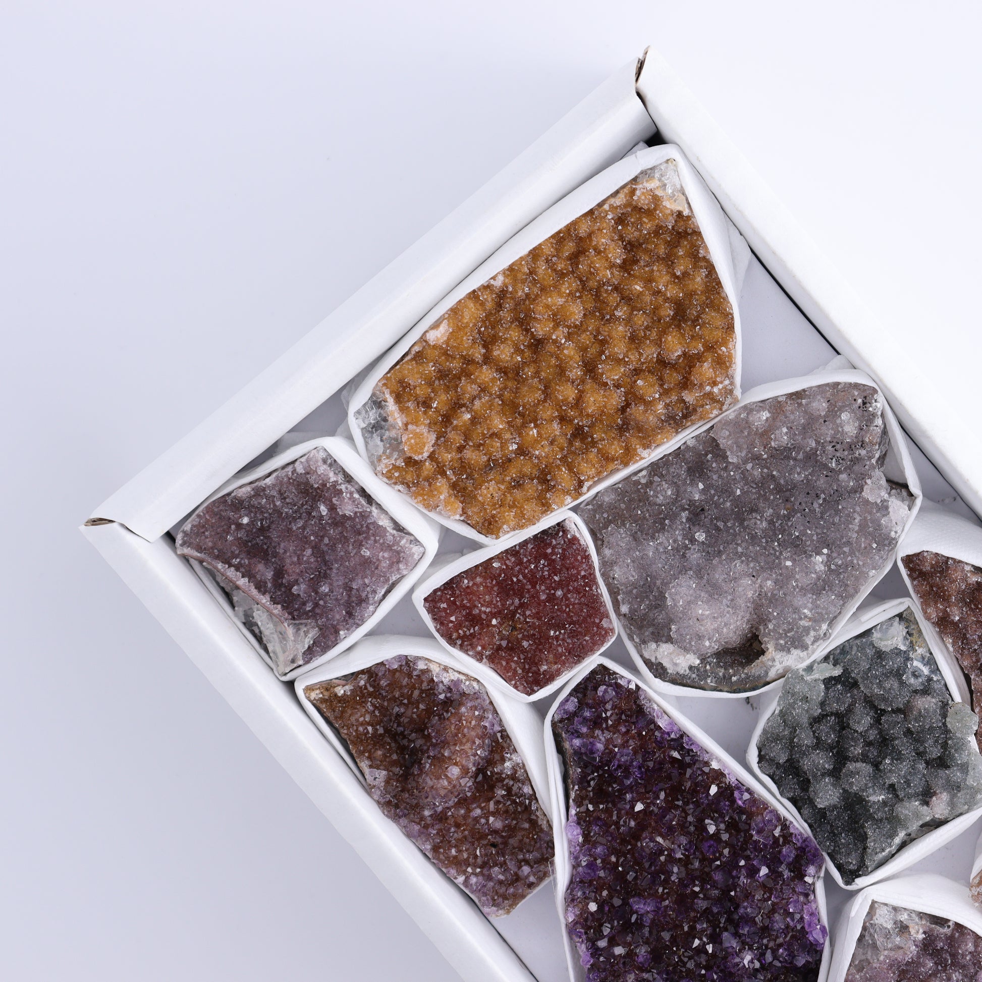 Uruguay Rainbow Amethyst Clusters Flat of 12 - Expert Wholesale and Supplier of Wholesale Crystals & Bulk Gemstones, ["Amethyst","Clusters","Rainbow Amethyst","Sugar Rainbow Amethyst","Uruguay"]