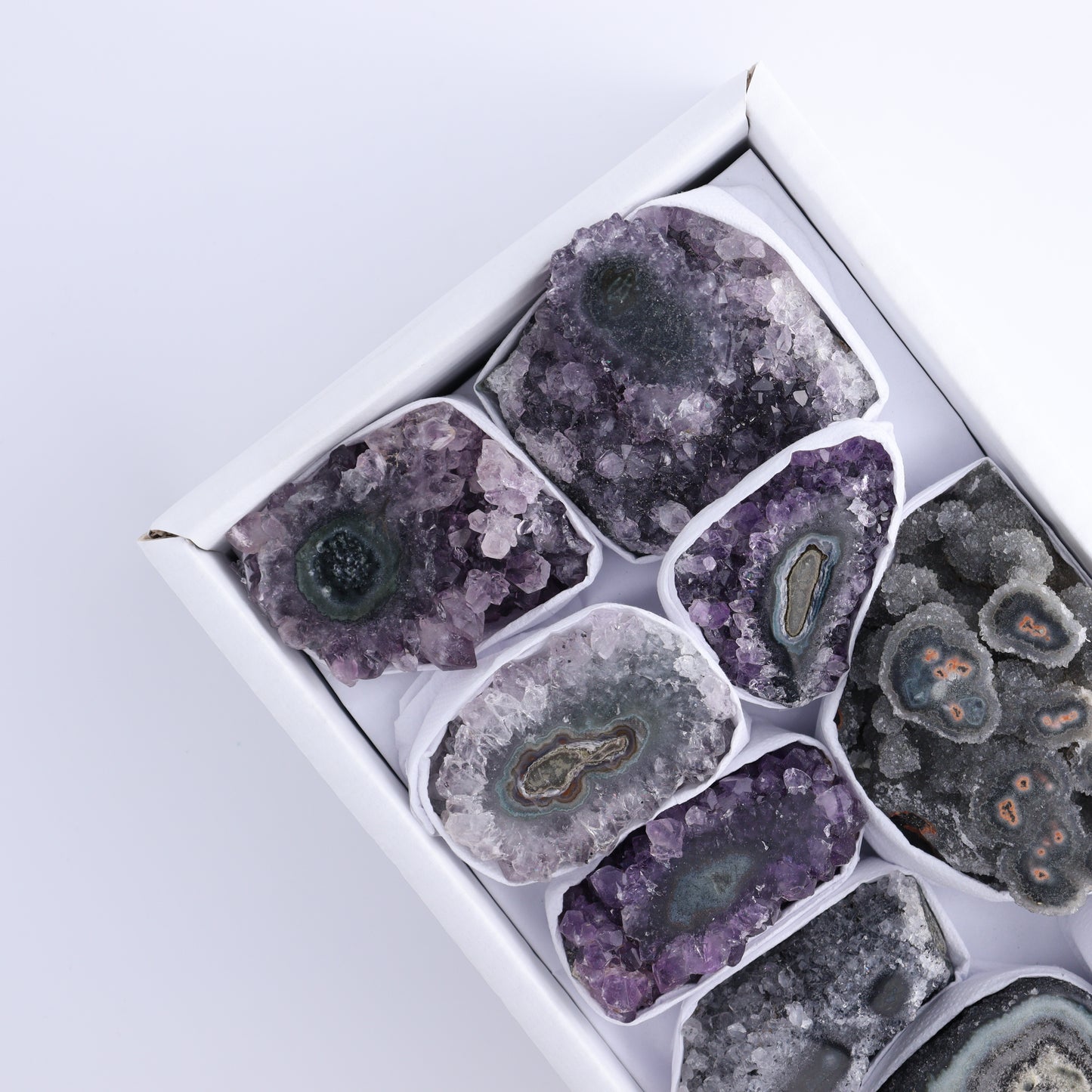 Uruguay Amethyst Clusters with "Eyes" Flat of 9 - Expert Wholesale and Supplier of Wholesale Crystals & Bulk Gemstones, []