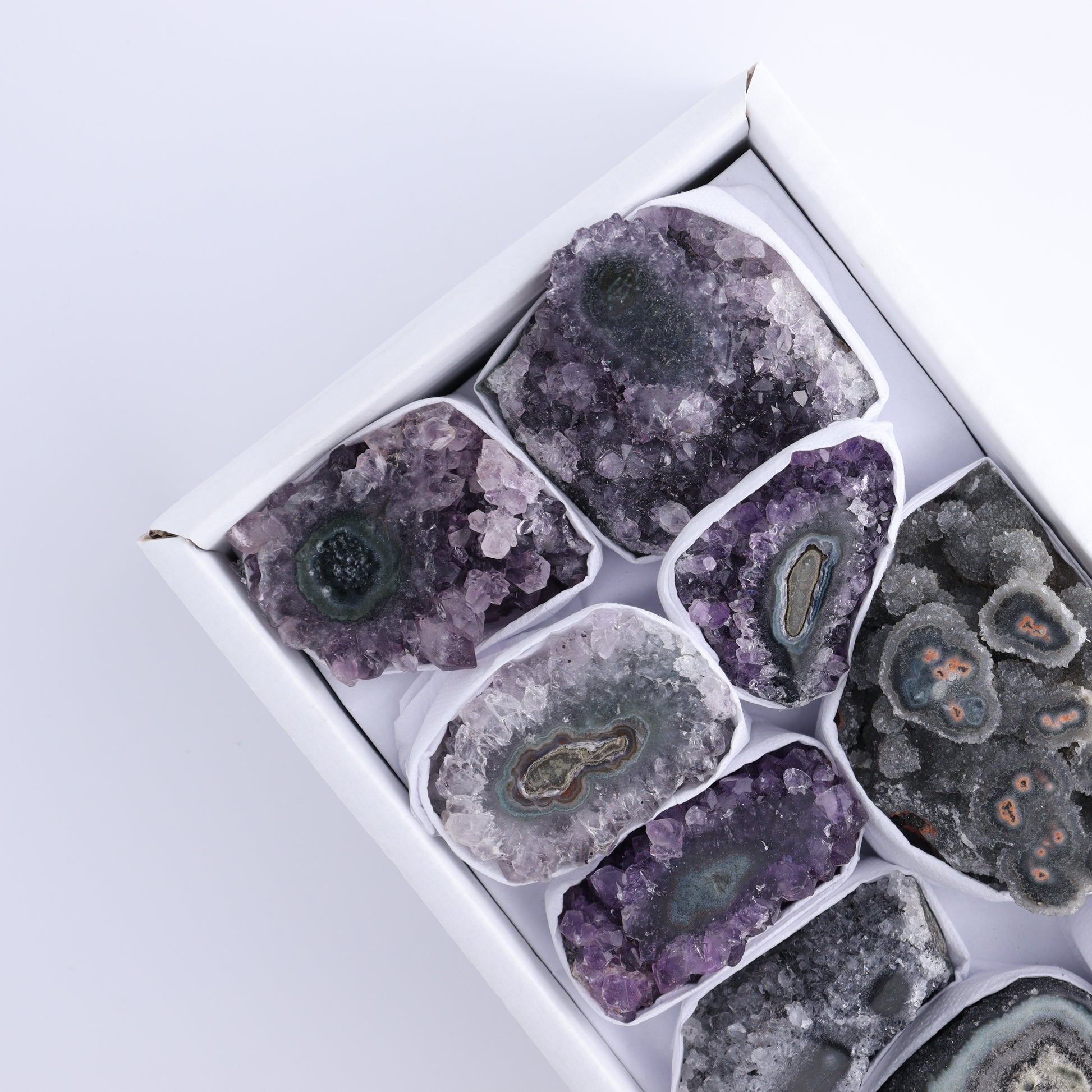 Uruguay Amethyst Clusters with "Eyes" Flat of 9 - Expert Wholesale and Supplier of Wholesale Crystals & Bulk Gemstones, []