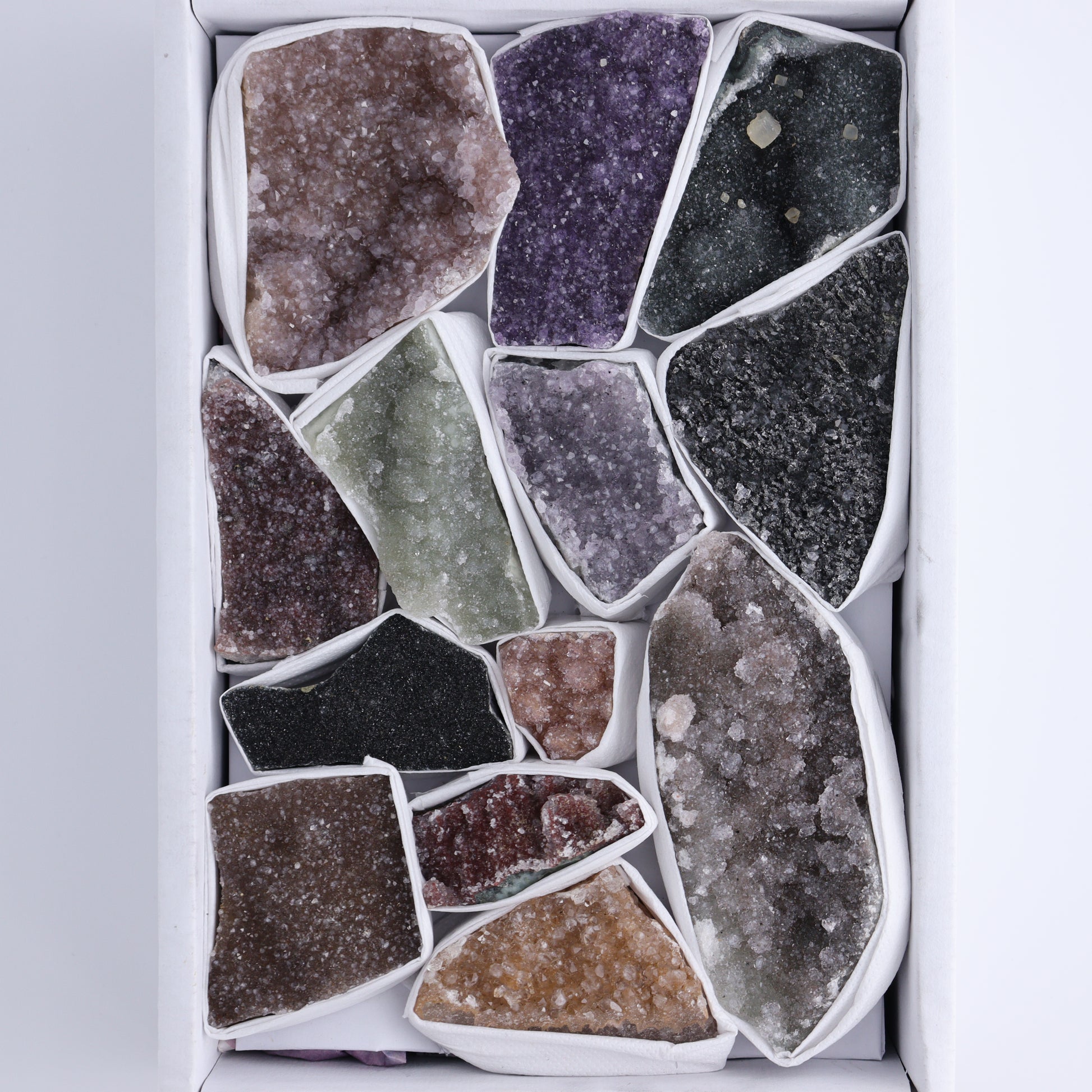 Uruguay Rainbow Amethyst Clusters Flat of 13 - Expert Wholesale and Supplier of Wholesale Crystals & Bulk Gemstones, ["Amethyst","Clusters","Rainbow Amethyst","Sugar Rainbow Amethyst","Uruguay"]