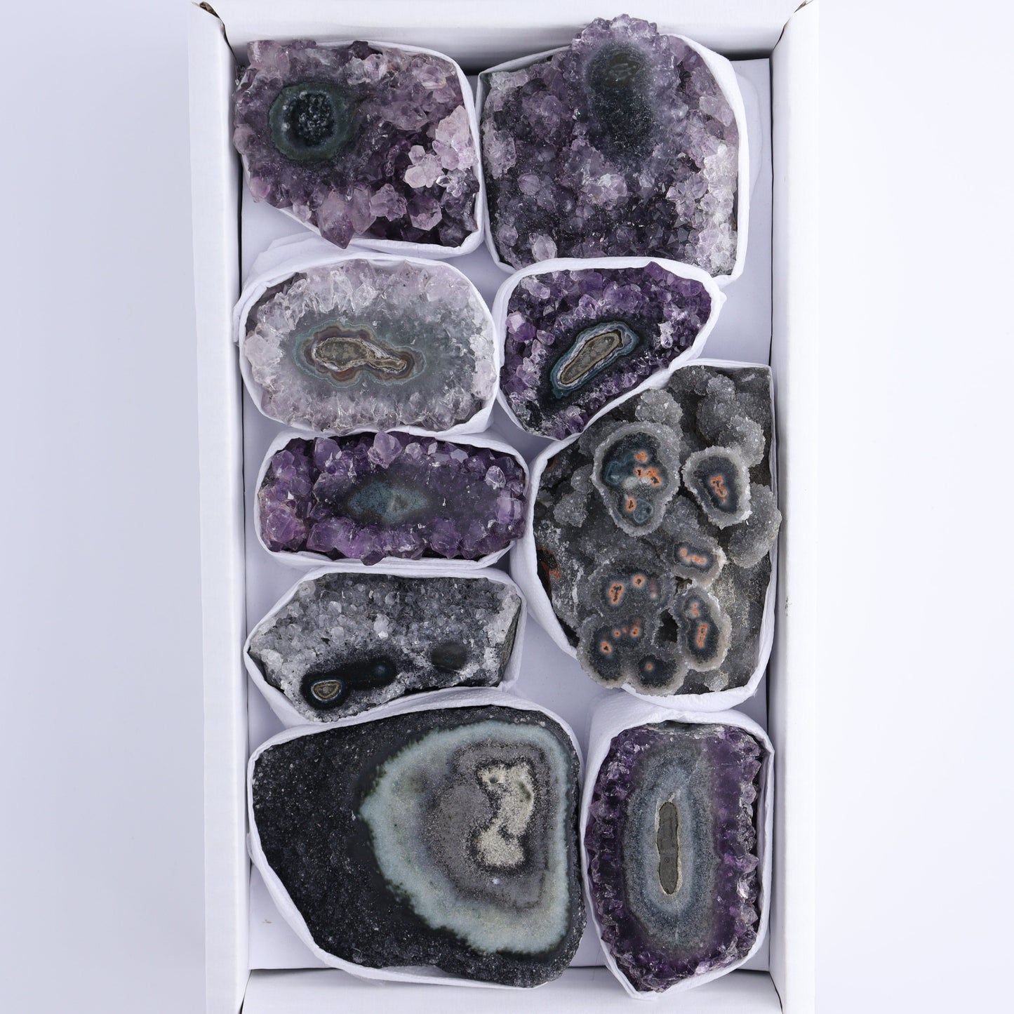 Uruguay Amethyst Clusters with "Eyes" Flat of 9 - Expert Wholesale and Supplier of Wholesale Crystals & Bulk Gemstones, []