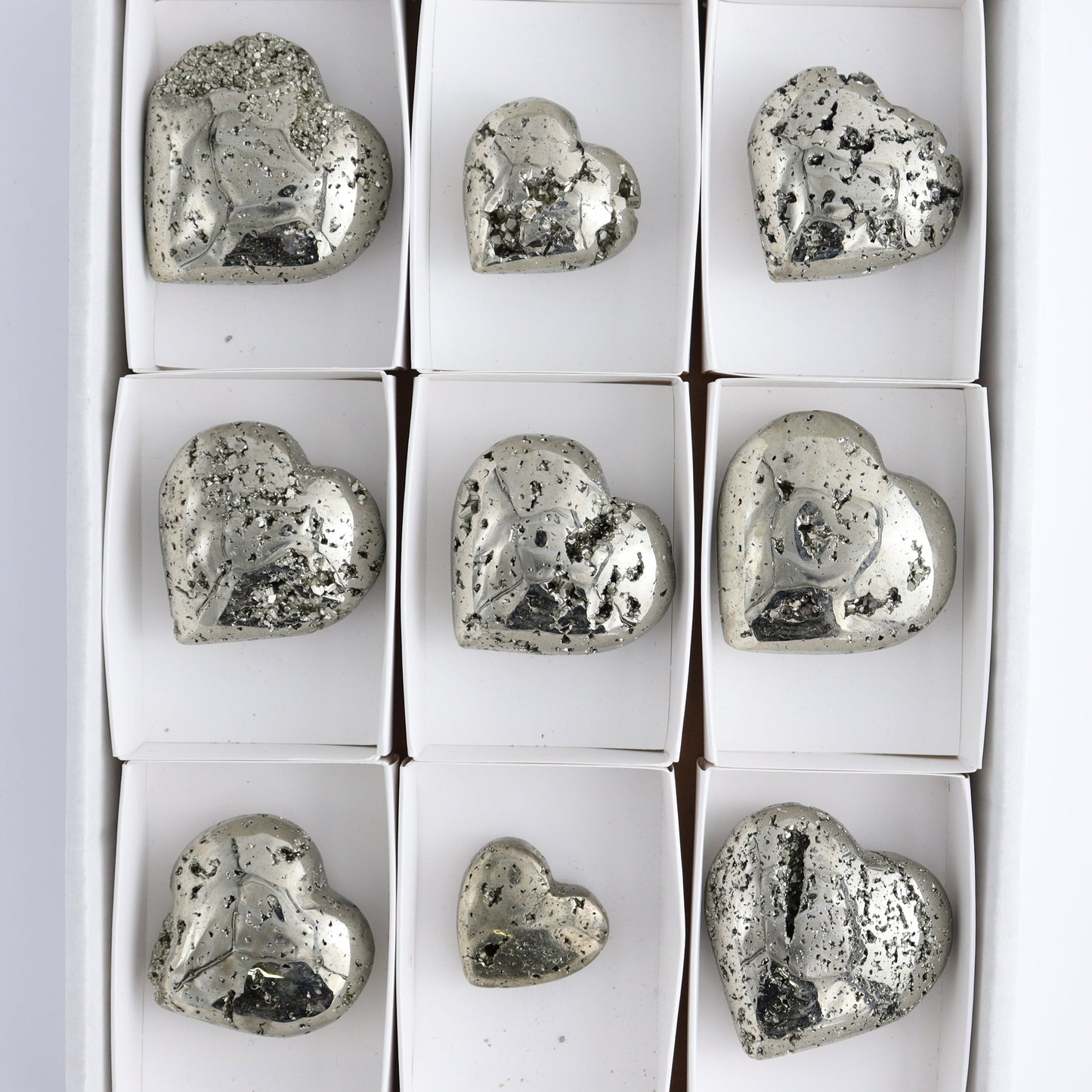 Pyrite Hearts Set of 9 - Expert Wholesale and Supplier of Wholesale Crystals & Bulk Gemstones, ["Hearts","Peru","Pyrite"]