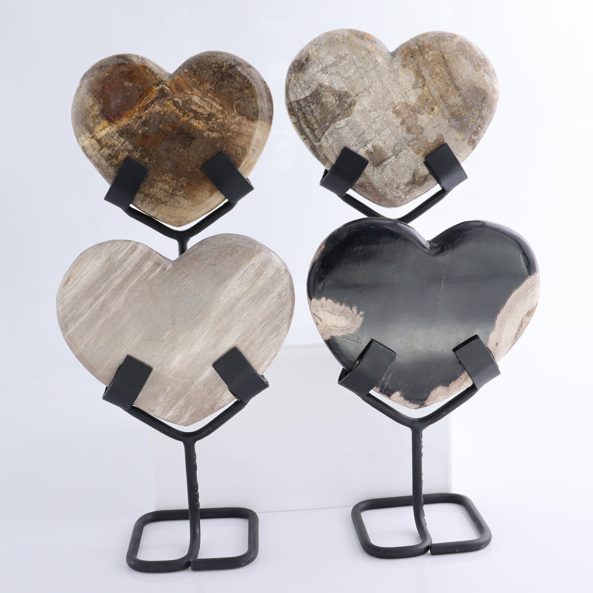Petrified Wood Hearts with Stands Set of 4 - Expert Wholesale and Supplier of Wholesale Crystals & Bulk Gemstones, ["Hearts","Indonesia","Petrified Wood"]