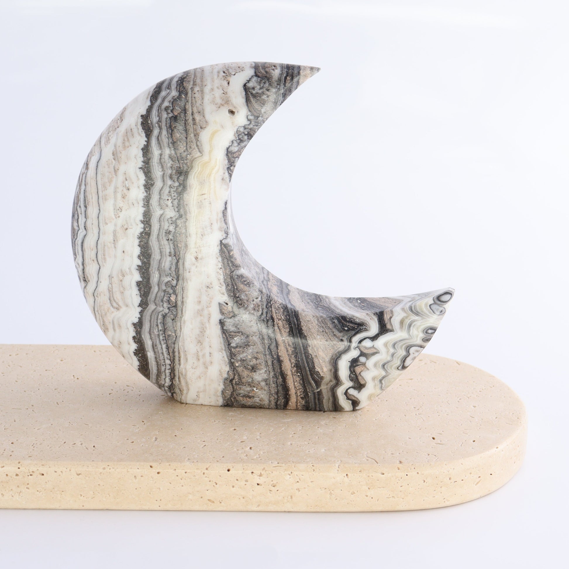 One Standing Moon Mexican Onyx/Calcite Zebra Black - Expert Wholesale and Supplier of Wholesale Crystals & Bulk Gemstones, ["Calcite","Catalog Onyx","Mexico","moons","onyx"]