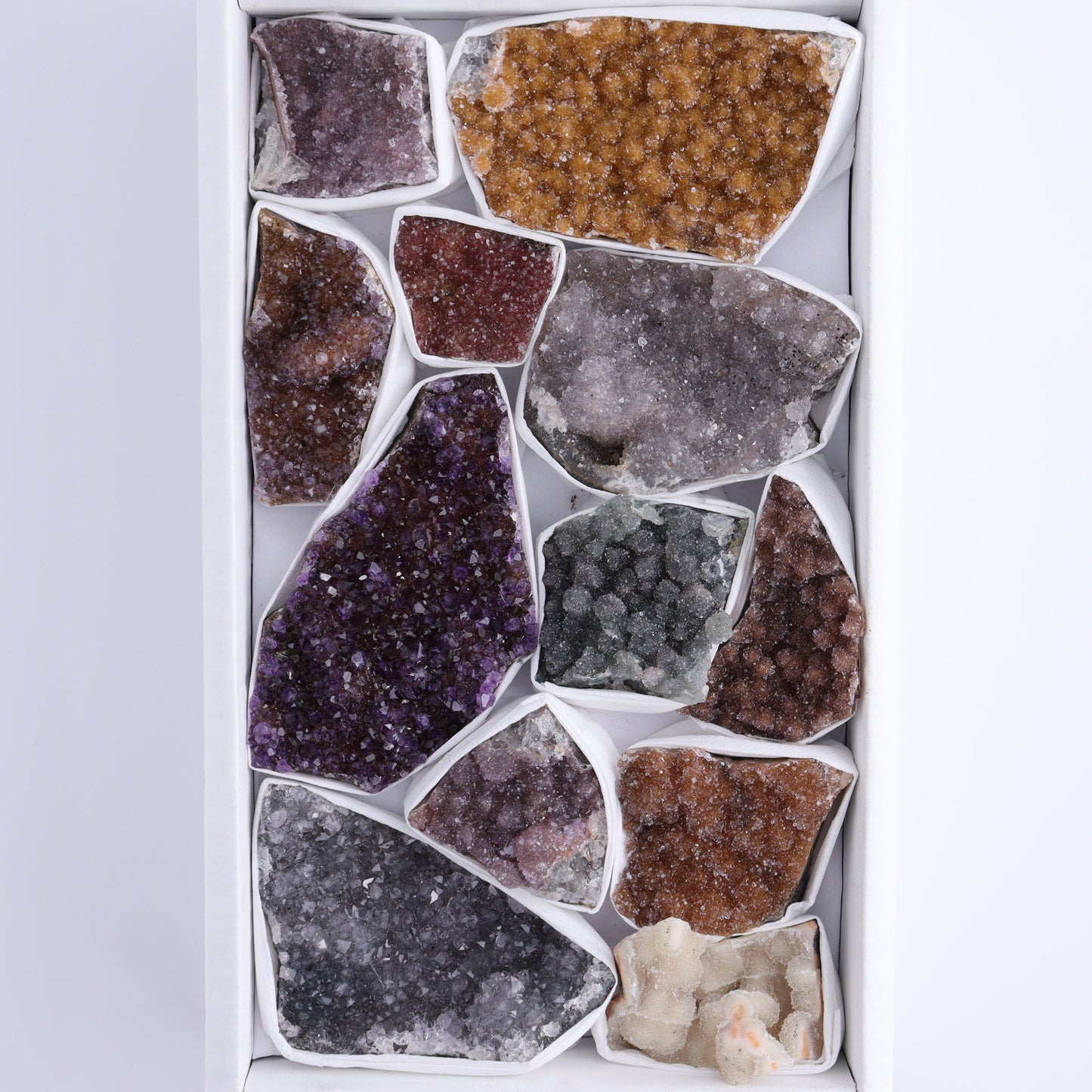 Uruguay Rainbow Amethyst Clusters Flat of 12 - Expert Wholesale and Supplier of Wholesale Crystals & Bulk Gemstones, ["Amethyst","Clusters","Rainbow Amethyst","Sugar Rainbow Amethyst","Uruguay"]