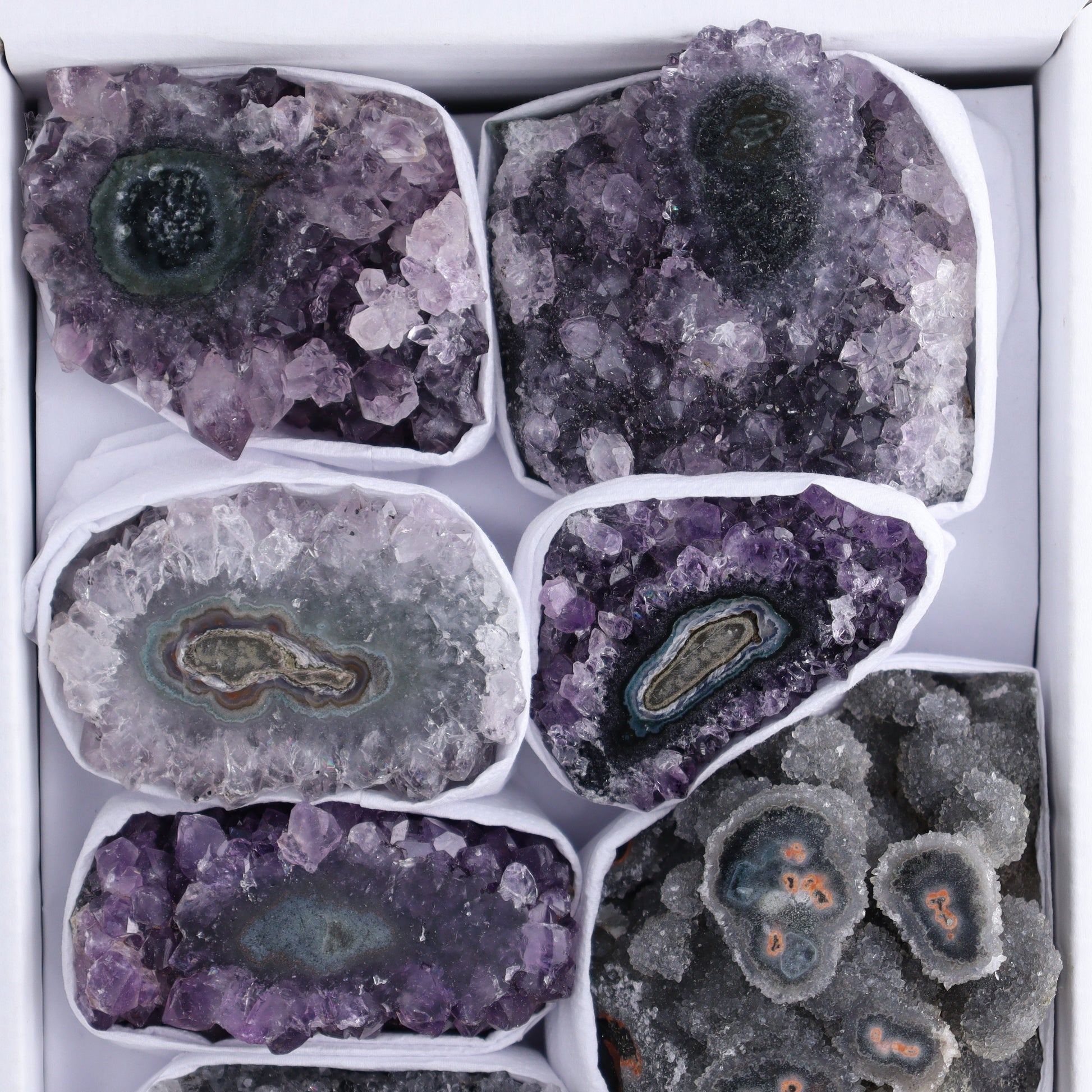 Uruguay Amethyst Clusters with "Eyes" Flat of 9 - Expert Wholesale and Supplier of Wholesale Crystals & Bulk Gemstones, []