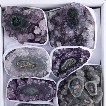 Uruguay Amethyst Clusters with "Eyes" Flat of 9 - Expert Wholesale and Supplier of Wholesale Crystals & Bulk Gemstones, []