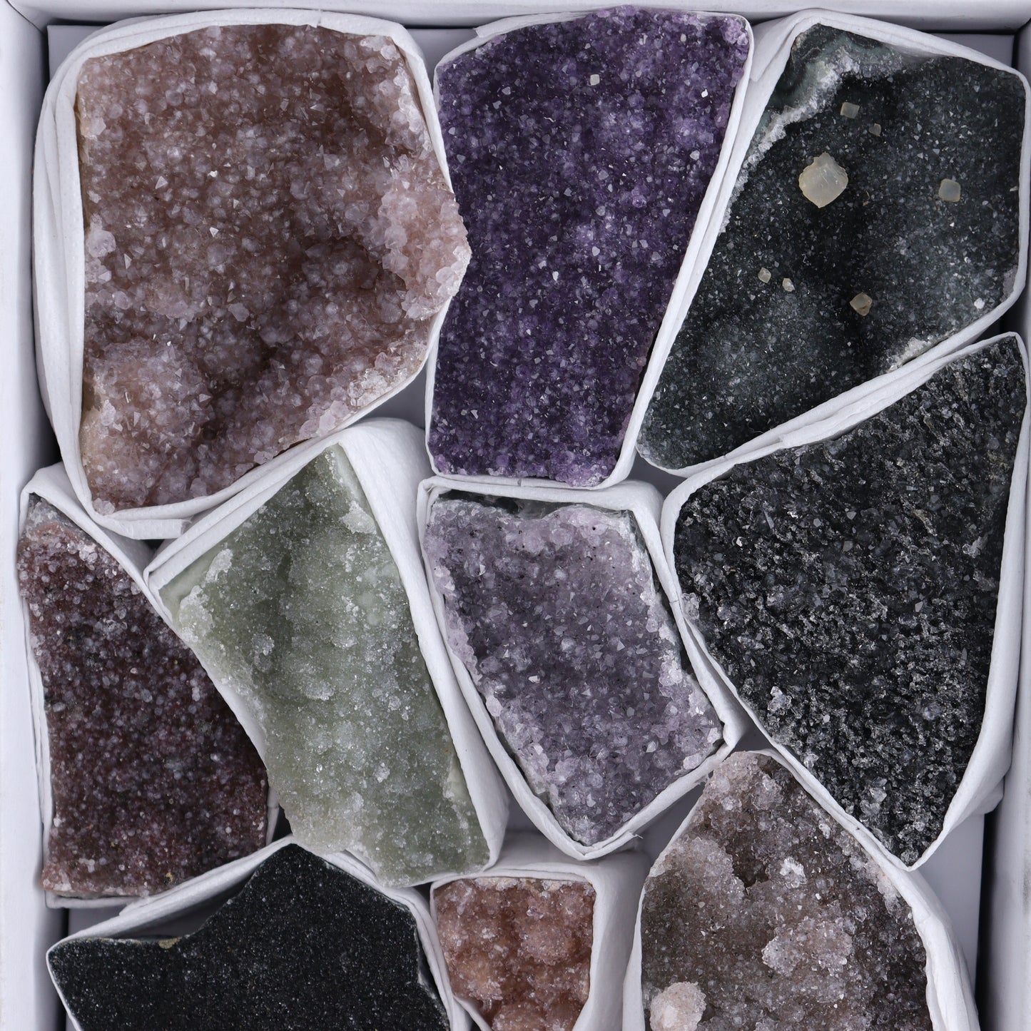 Uruguay Rainbow Amethyst Clusters Flat of 13 - Expert Wholesale and Supplier of Wholesale Crystals & Bulk Gemstones, ["Amethyst","Clusters","Rainbow Amethyst","Sugar Rainbow Amethyst","Uruguay"]