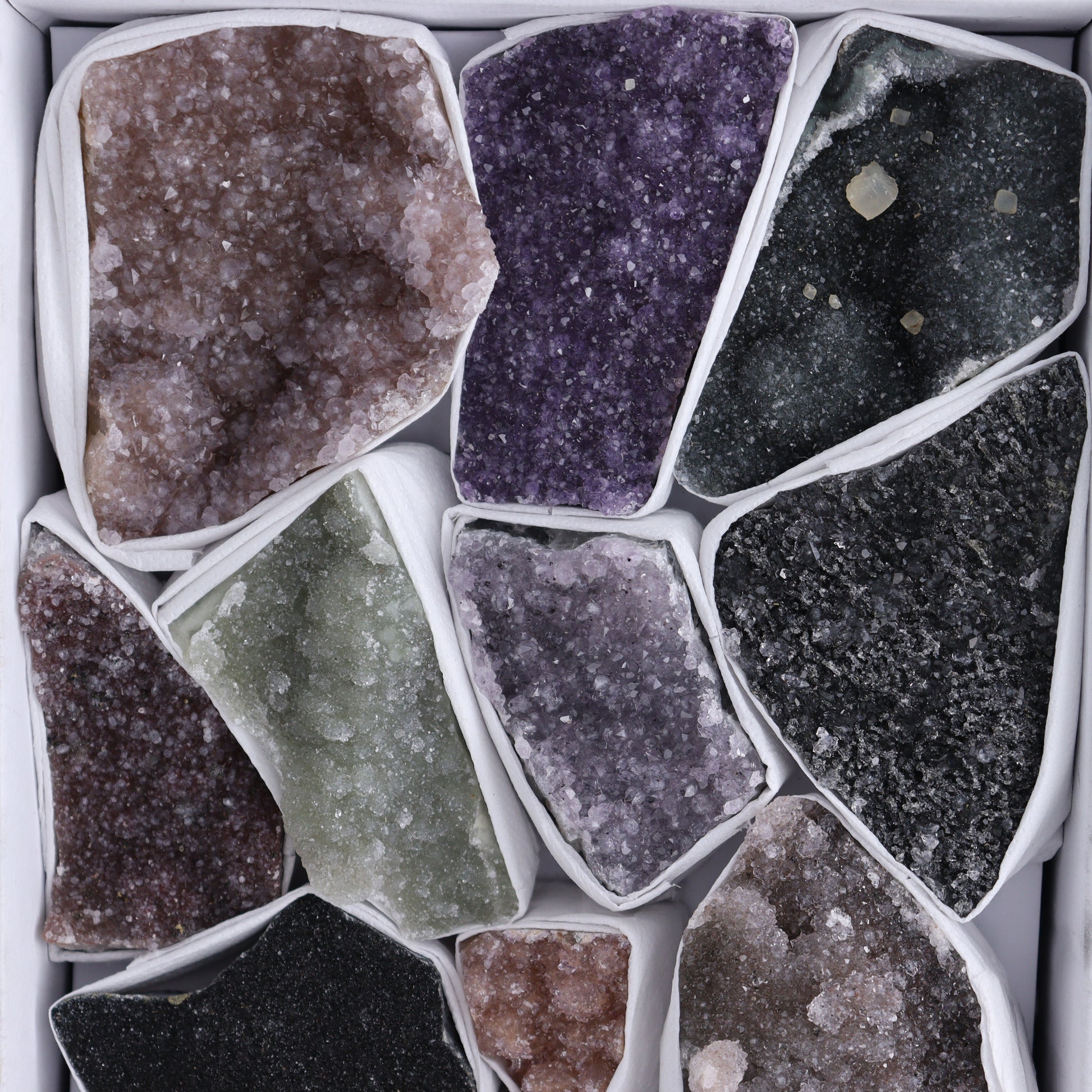 Uruguay Rainbow Amethyst Clusters Flat of 13 - Expert Wholesale and Supplier of Wholesale Crystals & Bulk Gemstones, ["Amethyst","Clusters","Rainbow Amethyst","Sugar Rainbow Amethyst","Uruguay"]