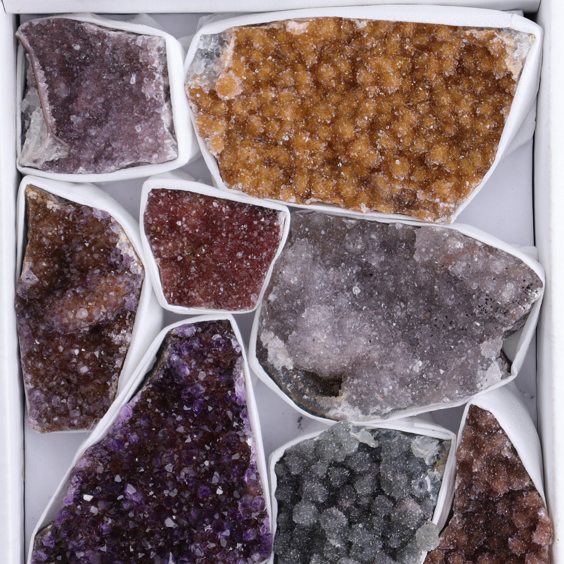 Uruguay Rainbow Amethyst Clusters Flat of 12 - Expert Wholesale and Supplier of Wholesale Crystals & Bulk Gemstones, ["Amethyst","Clusters","Rainbow Amethyst","Sugar Rainbow Amethyst","Uruguay"]