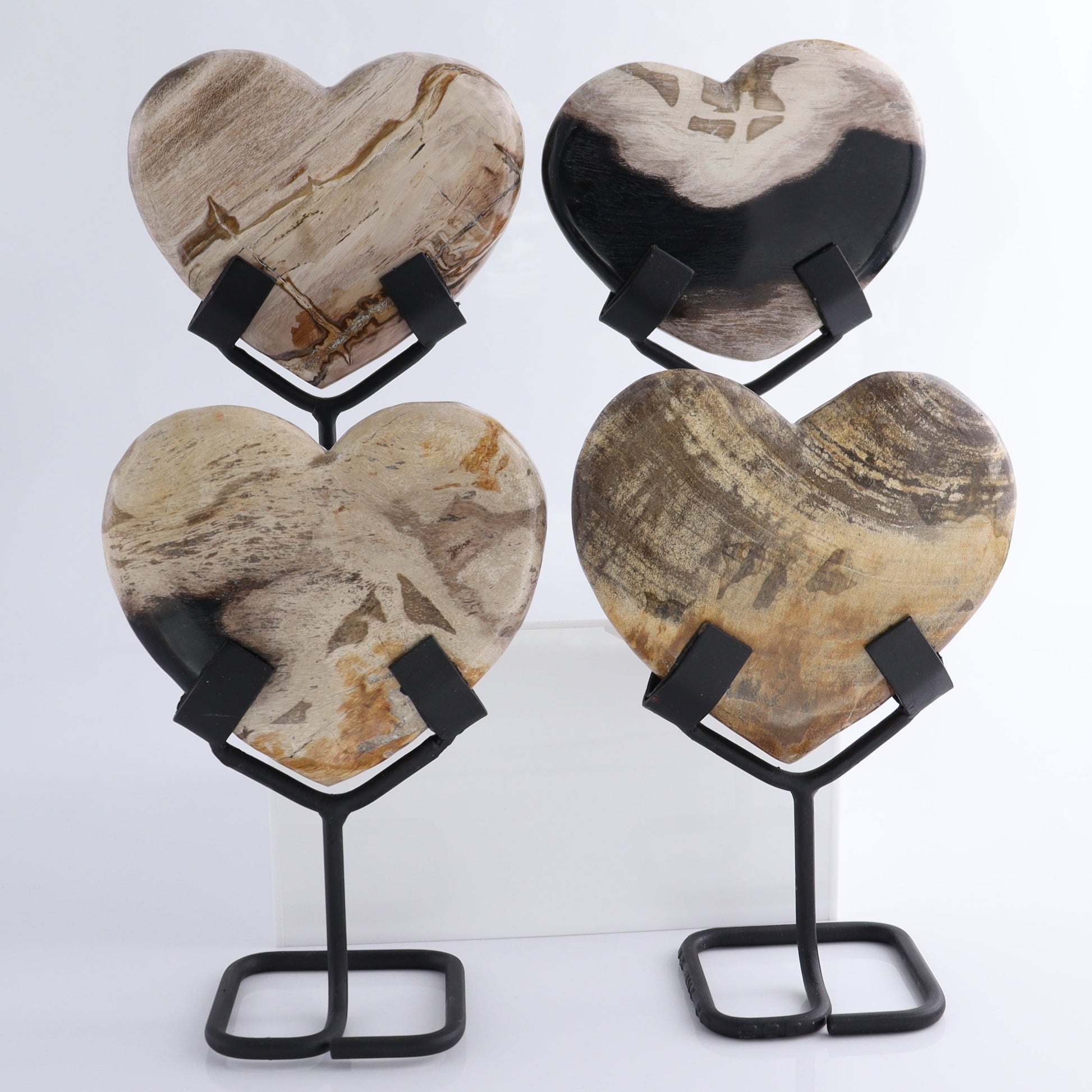 Petrified Wood Hearts with Stands Set of 4 - Expert Wholesale and Supplier of Wholesale Crystals & Bulk Gemstones, ["Hearts","Indonesia","Petrified Wood"]